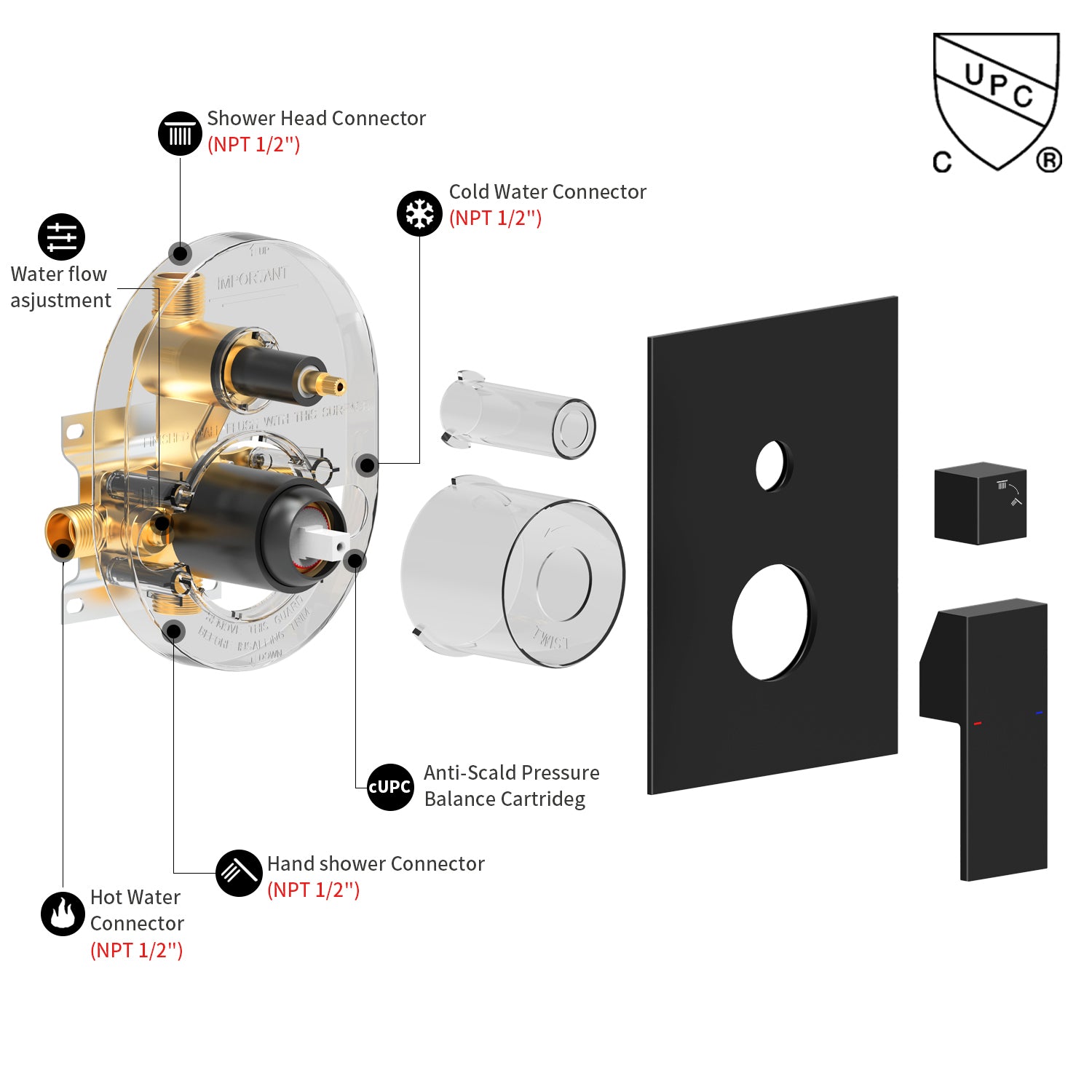 Male NPT Matte Black Shower System Faucet Set with 12 Inch Rain Shower Head
