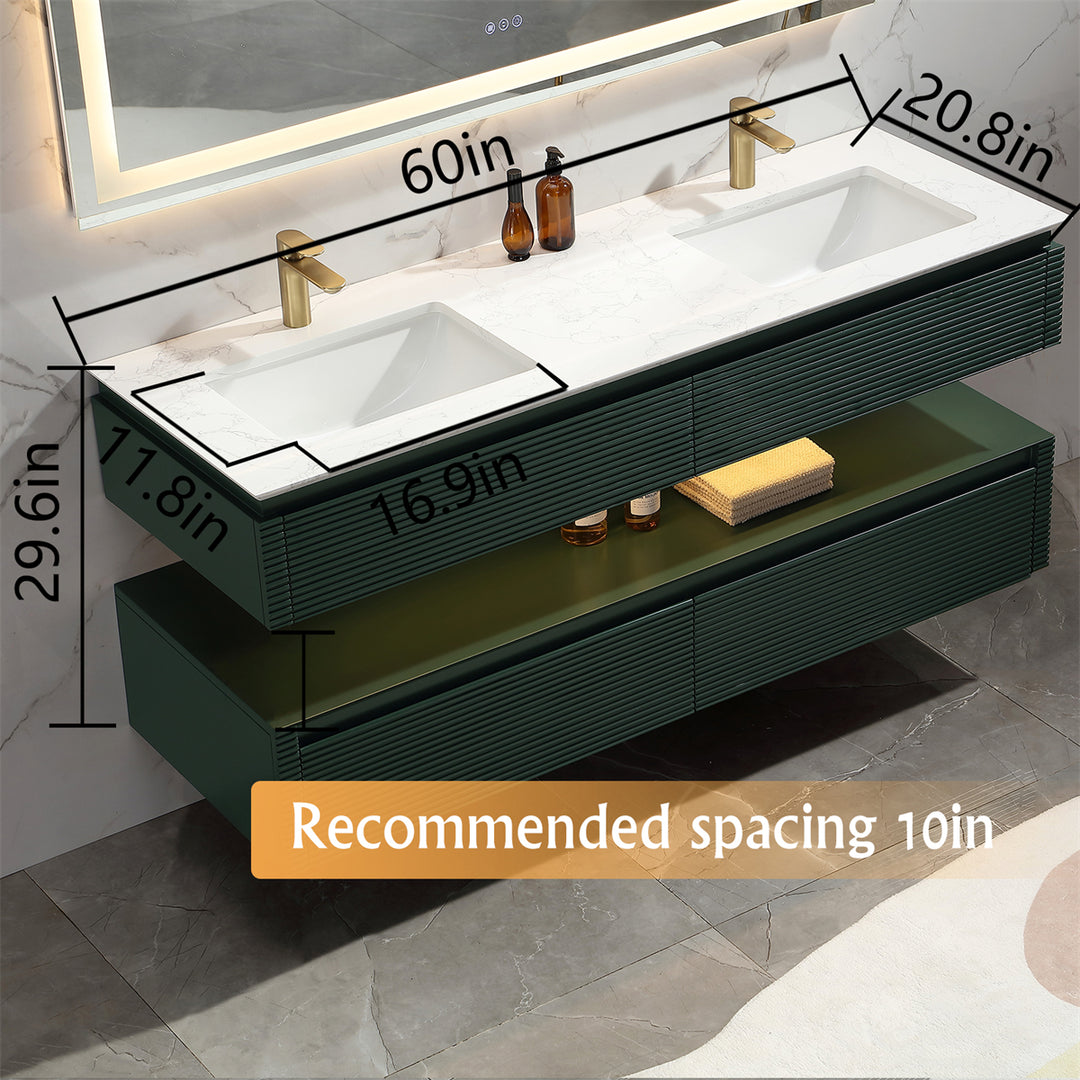 60" Floating Bathroom Vanity Set in Green with Lights and White Marble Countertop with Double Basin