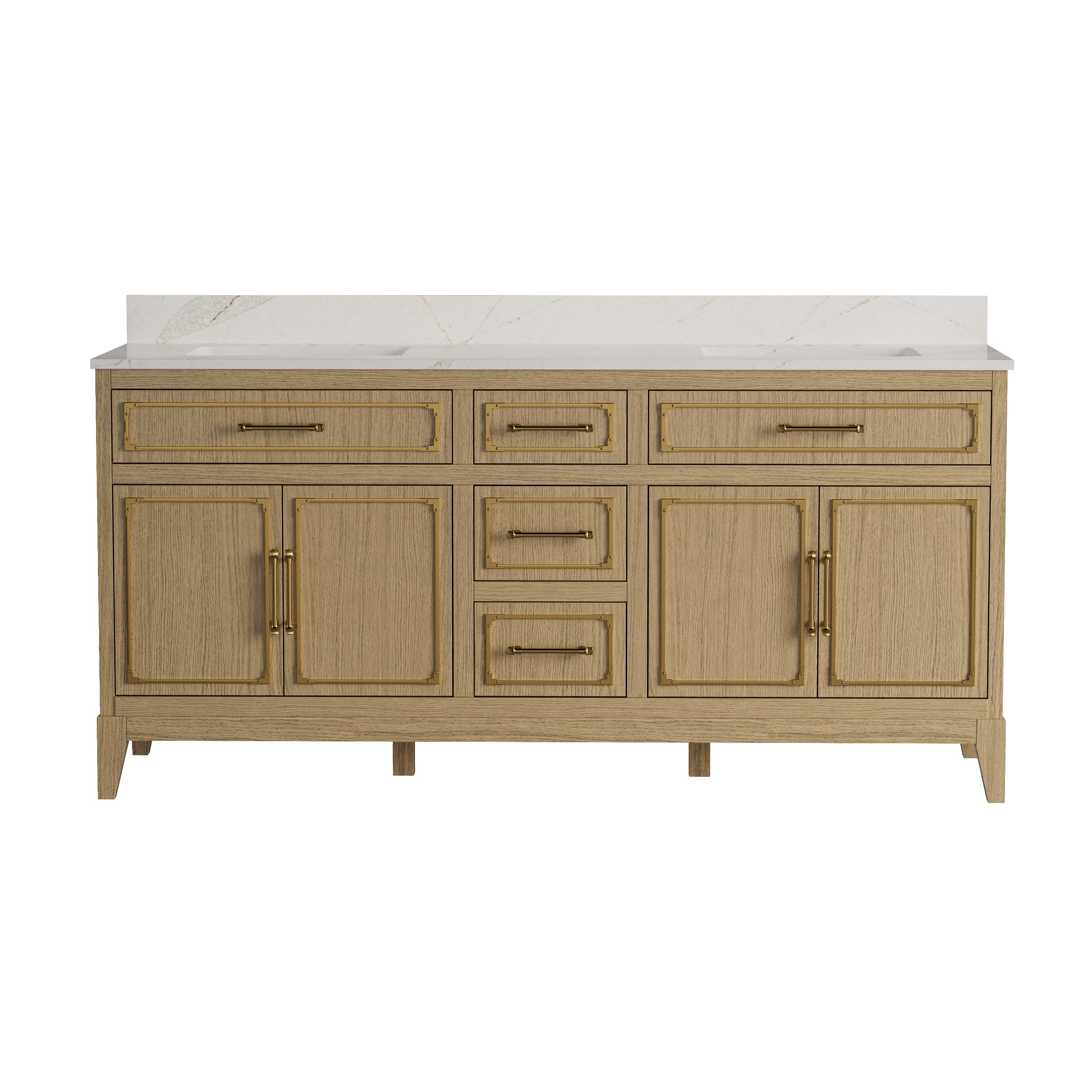 72 Inch Luxury Solid Oak Bathroom Vanity with Calacatta Quartz Countertop & Sinks, 3 Soft-Close Drawers and 2 Flip Drawers