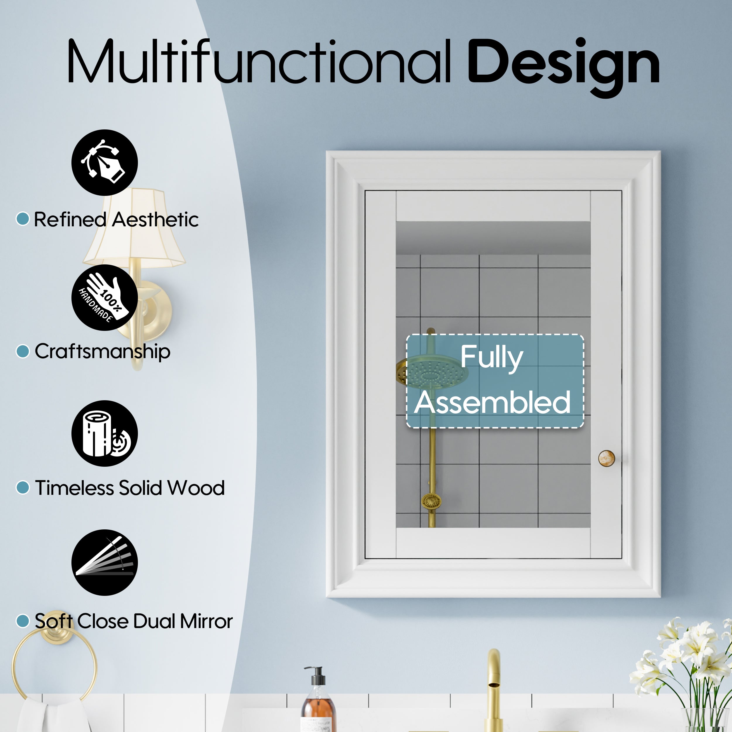 24 in.W x 32 in.H Wooden Recessed Bathroom Medicine Cabinet with Mirror in White