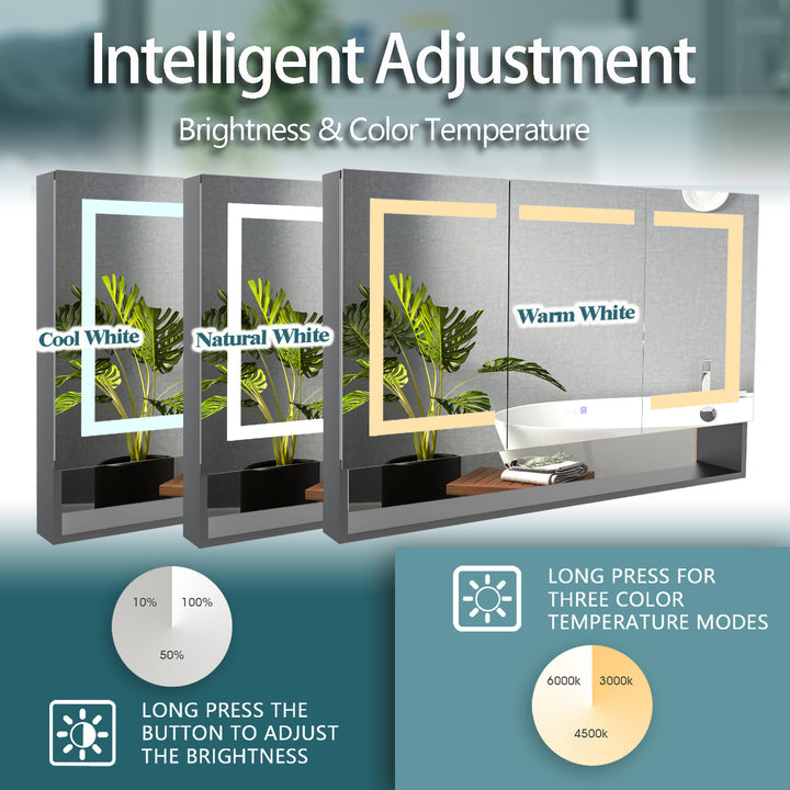 48" W x 32" H LED Lighted Mirror Aluminum Medicine Cabinet with Shelves for Bathroom Recessed or Surface Mount