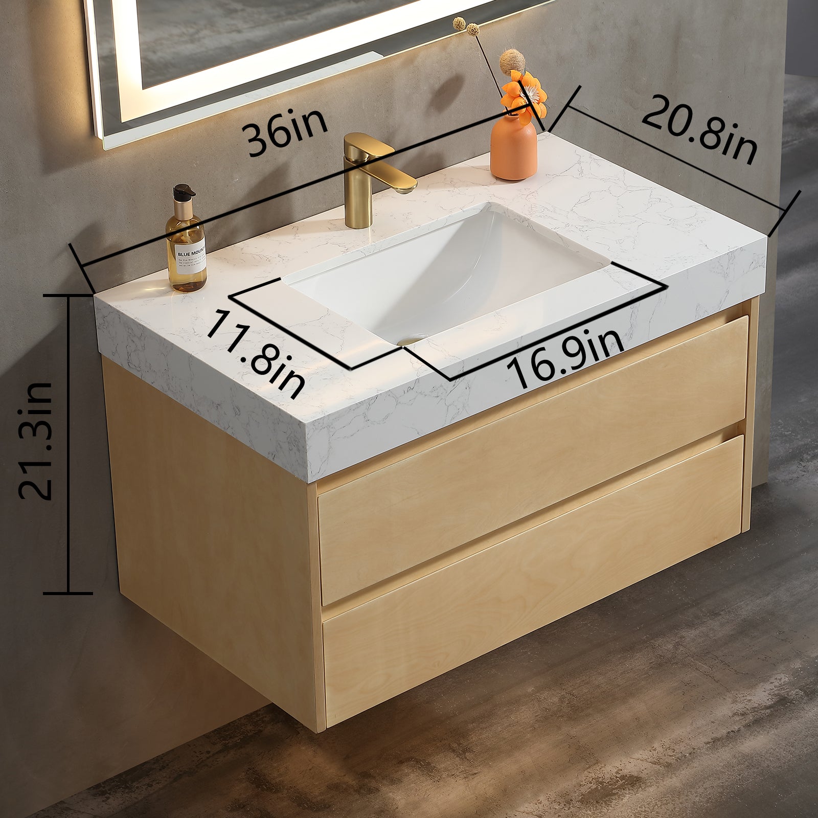 36" Modern Floating Maple Wood Bathroom Vanity Cabinet with LED Light and Stone Slab Countertop