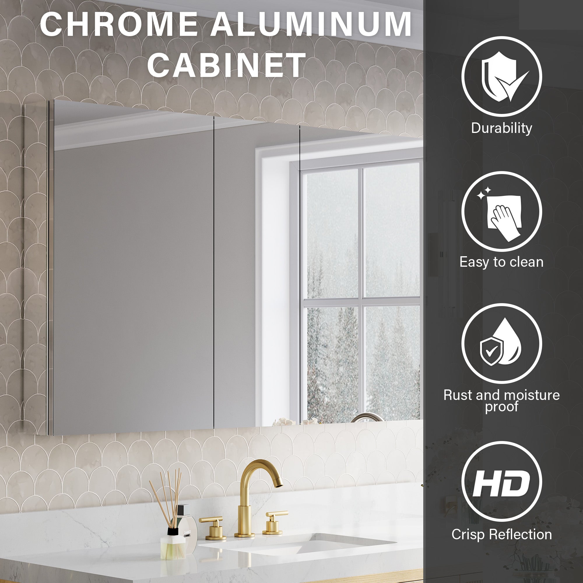 52 in.×32 in.H Copper-Free Mirror Medicine Cabinet with Soft-Close Blum® Hinges and 3 Doors