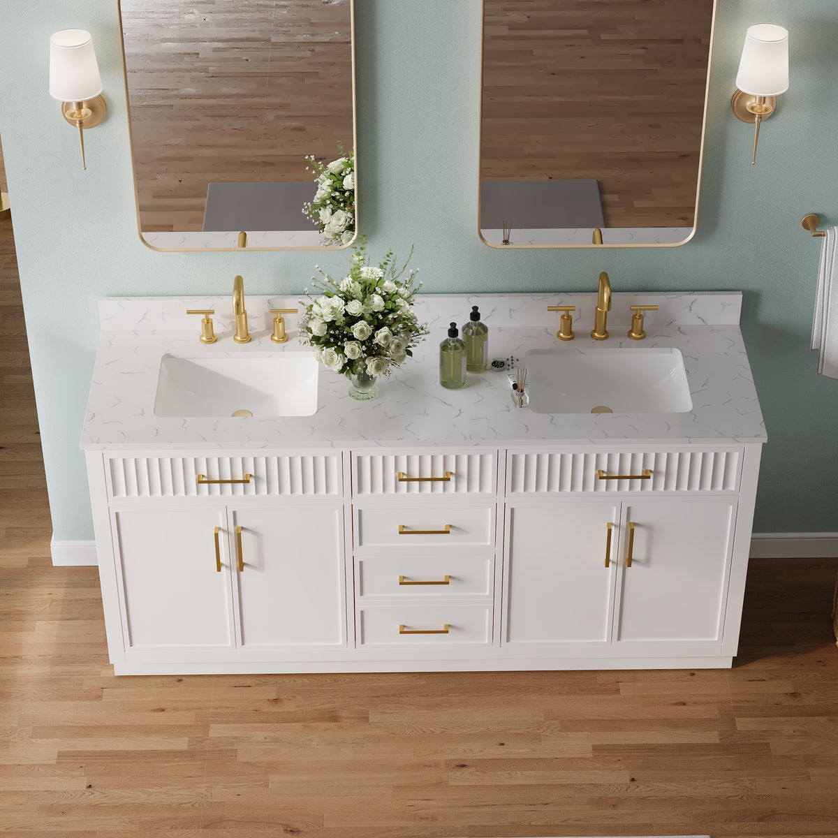 72 Inch Freestanding Solid Wood & Plywood Bathroom Vanity with Soft-Close Drawers, Carrara White Quartz Countertop, White