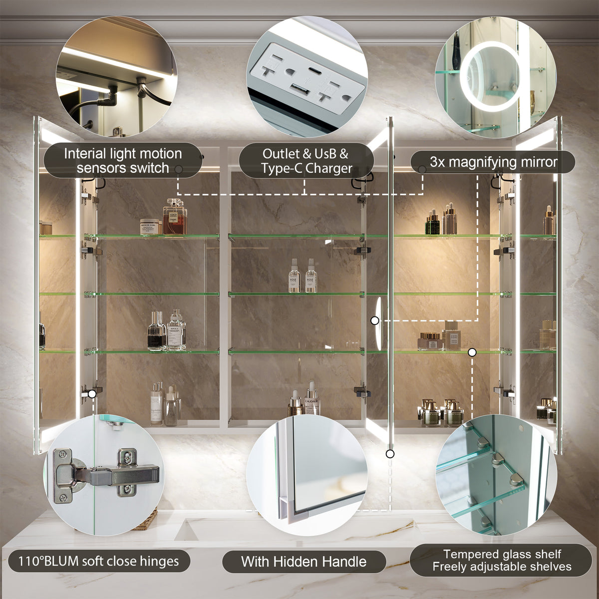 54 in. x 36 in. Aluminum LED Bathroom Medicine Cabinet with Anti-Fog, Dimmable Lighting, Outlet, Surface or Recessed Mount