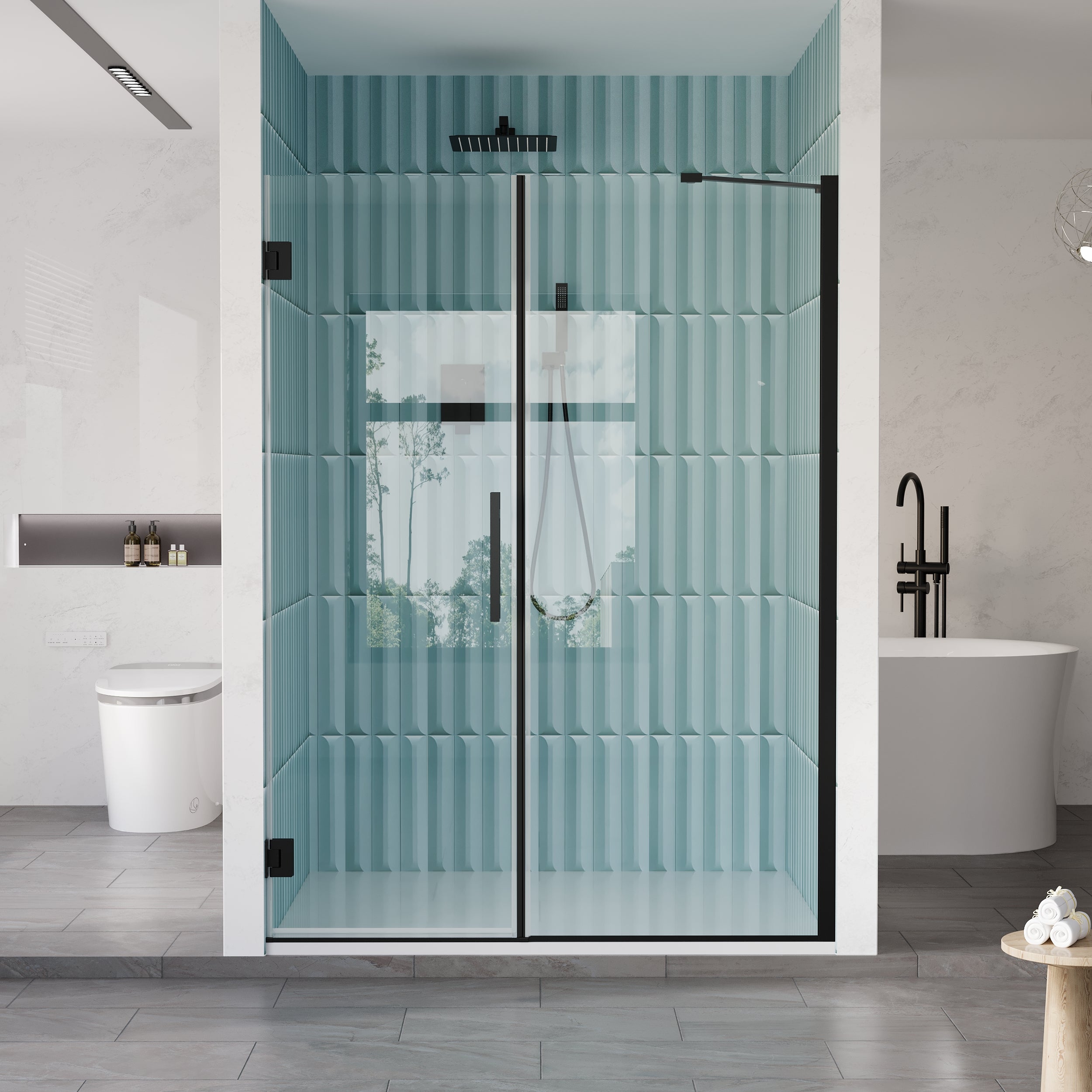 53–54 in. W x 72 in. H Frameless Hinged Shower Door with 3/8" Clear Tempered Glass and Fixed Glass Panel, Includes Support Bar