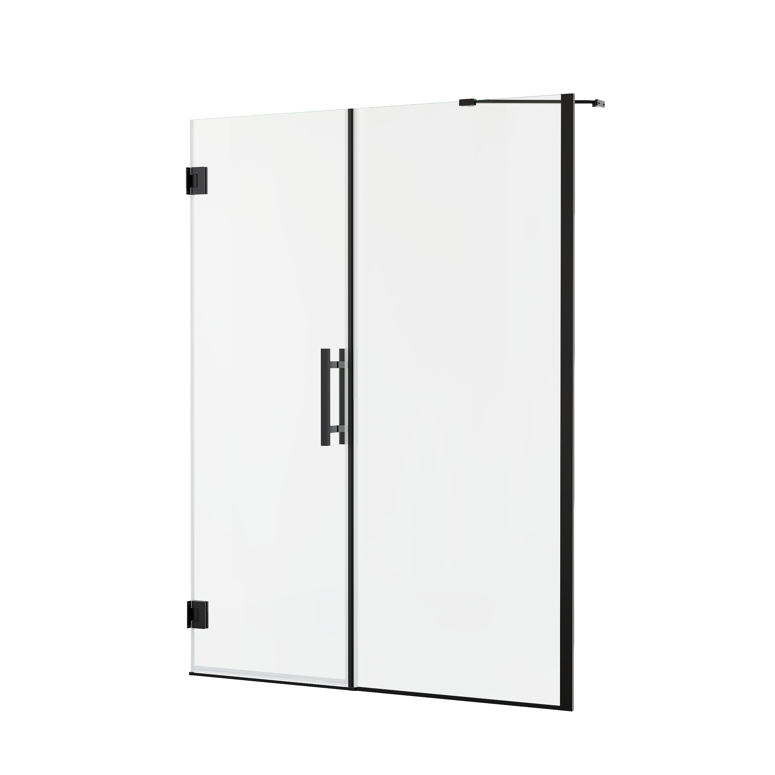 53–54 in. W x 72 in. H Frameless Hinged Shower Door with 3/8" Clear Tempered Glass and Fixed Glass Panel, Includes Support Bar
