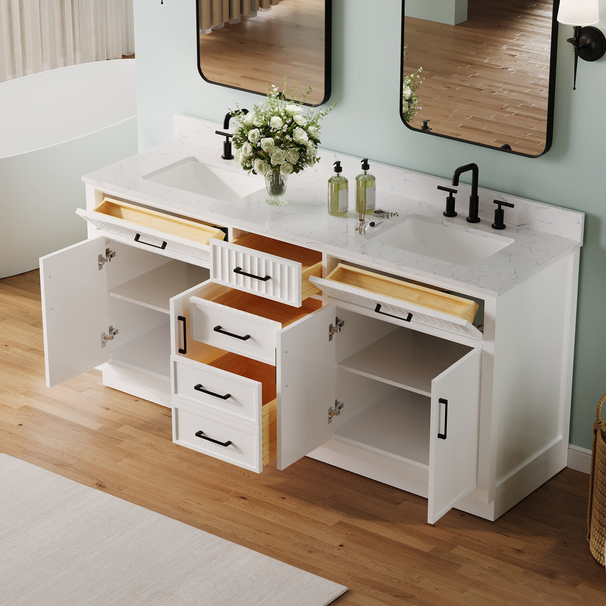 72 Inch Freestanding Solid Wood & Plywood Bathroom Vanity with Soft-Close Drawers, Carrara White Quartz Countertop, White