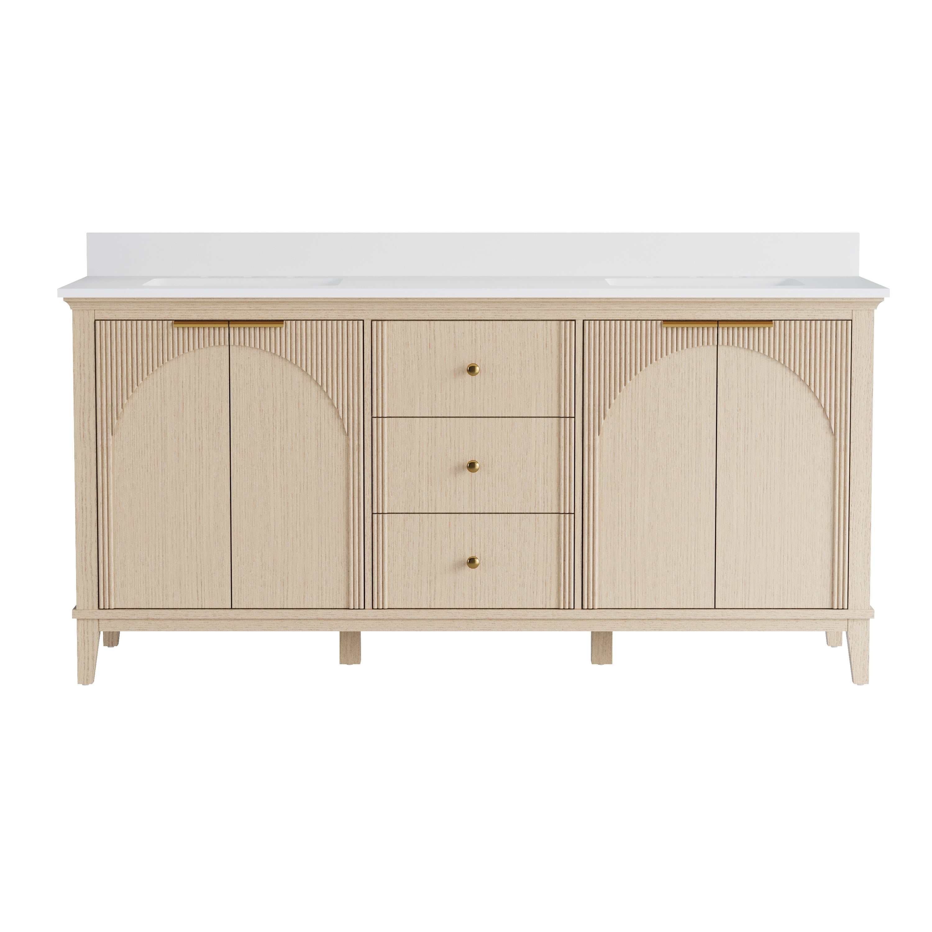 72 Inch Modern Light Oak Solid Wood Bathroom Vanity with White Quartz Countertop & 3 Soft-Close Drawers