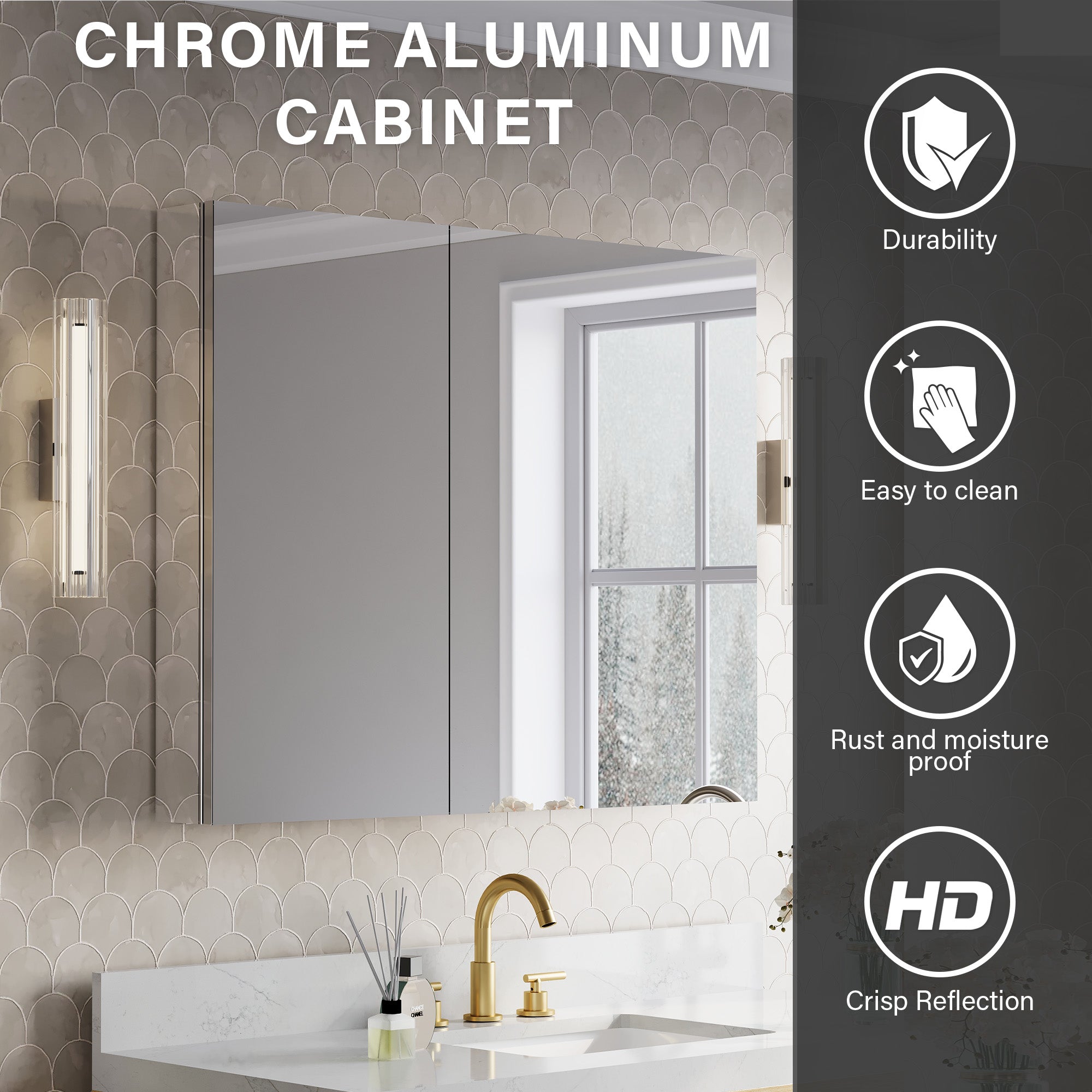 40 in.×32 in.H Aluminum Copper-Free Mirror Medicine Cabinet with Soft-Close Blum® Hinges and Recessed/Surface Mount