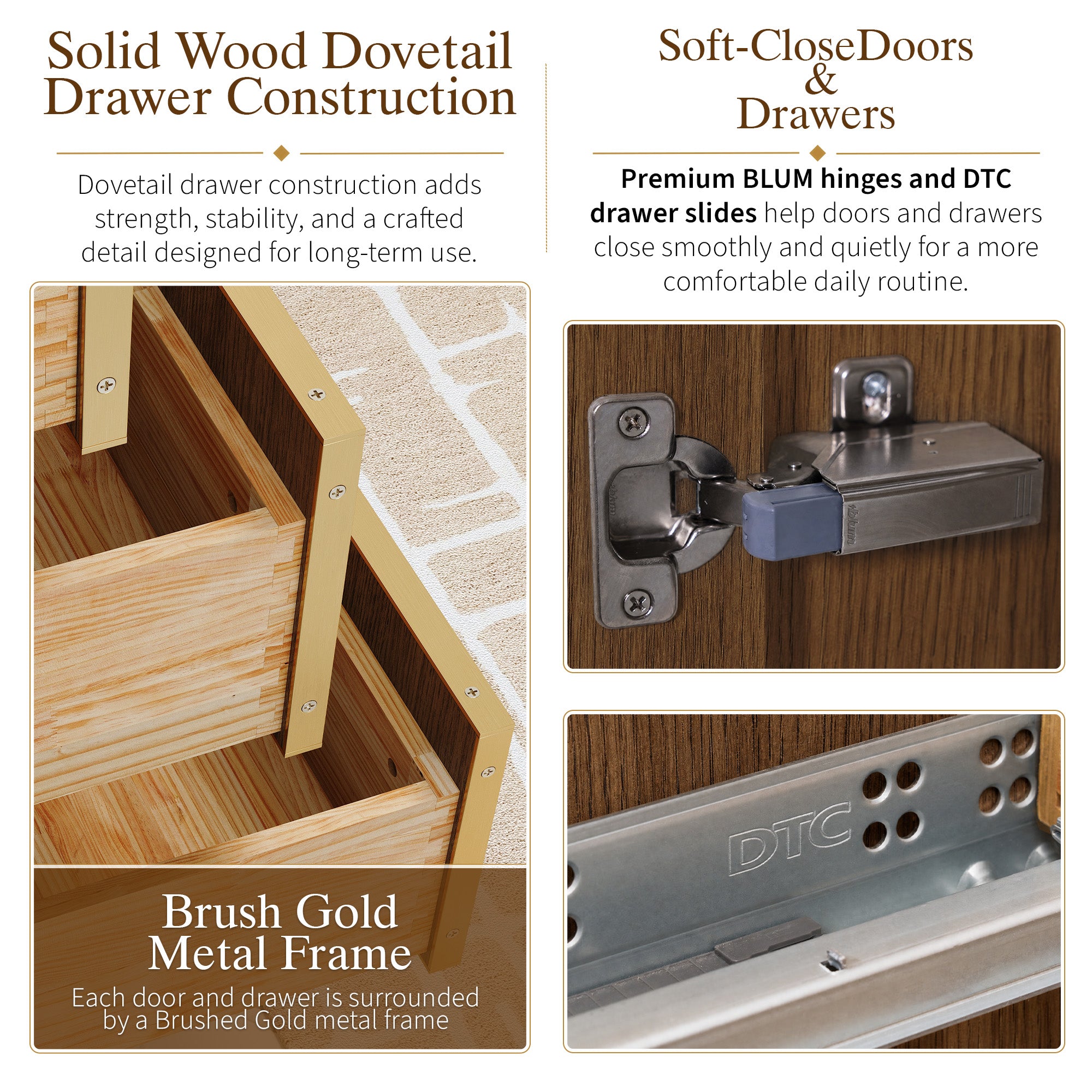 36 Inch Luxury Solid Oak Bathroom Vanity with Calacatta Quartz Countertop & 3 Dovetail Drawers and 2 Soft-close Doors