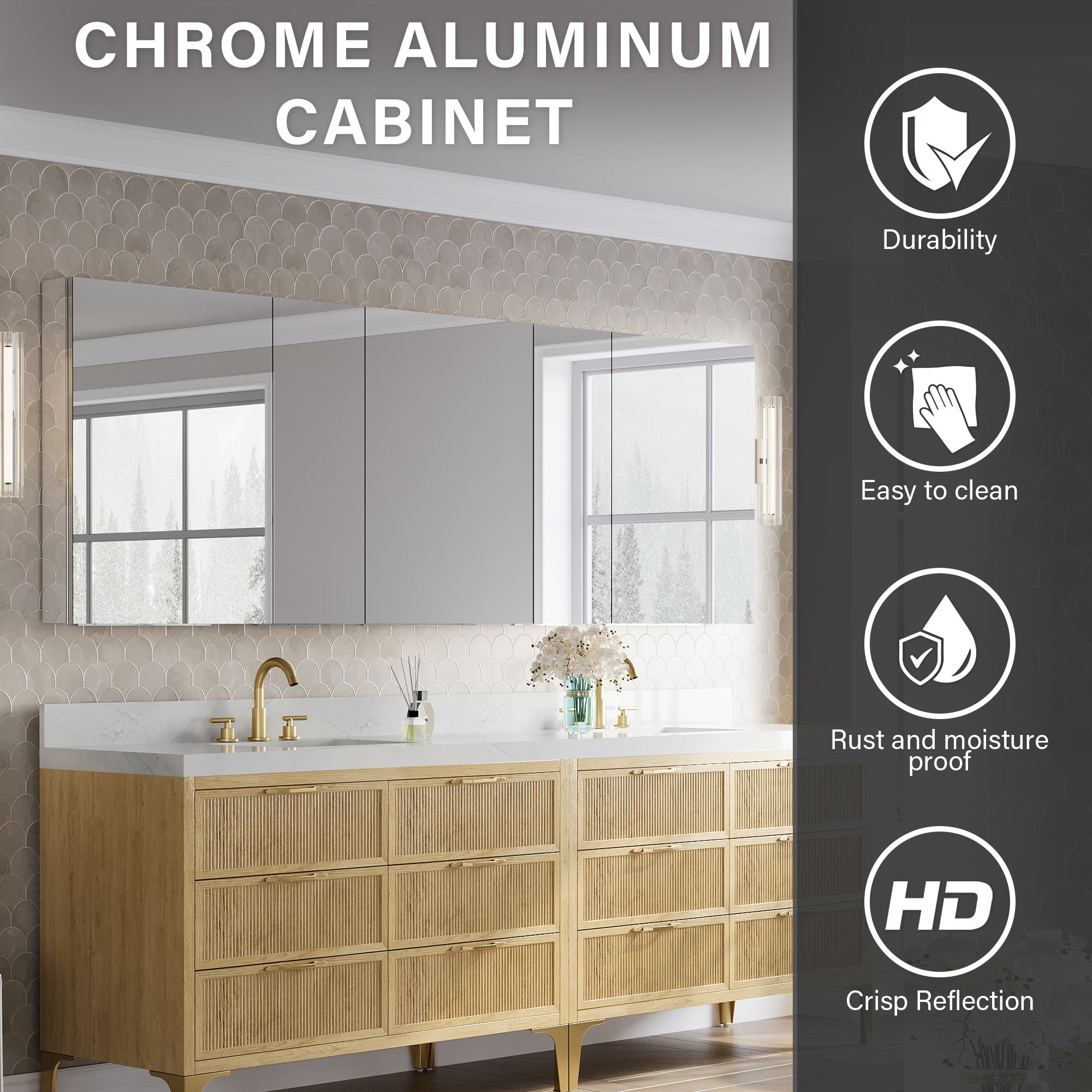 96 in.×32 in.H Copper-Free Mirror Medicine Cabinet with Soft-Close Blum® Hinges and 5 Doors