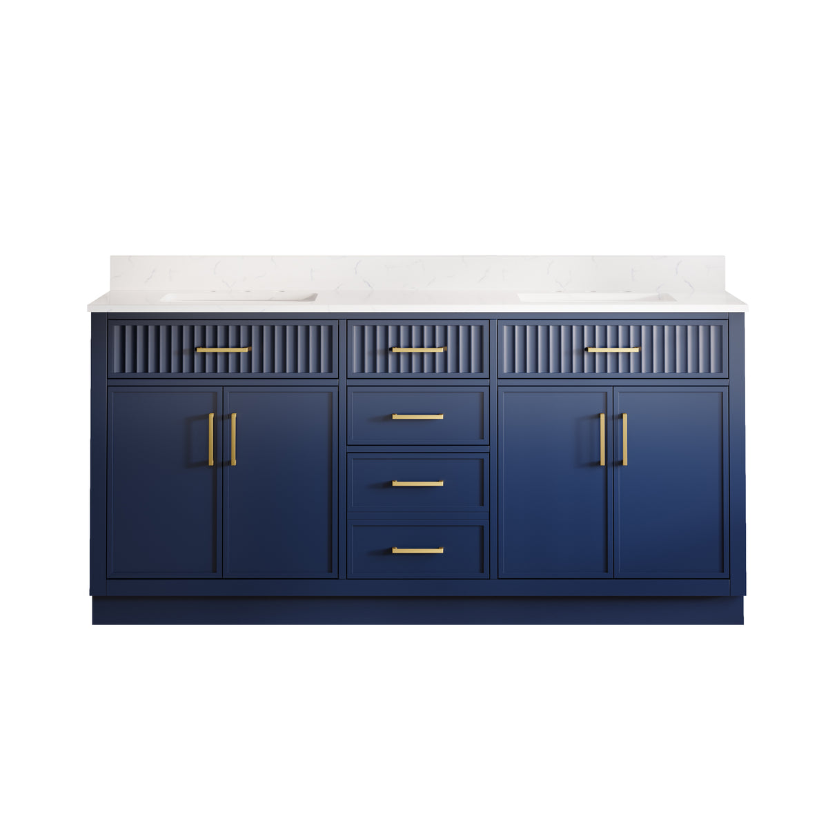 72 Inch Freestanding Solid Wood & Plywood Bathroom Vanity with Soft-Close Drawers, Carrara White Quartz Countertop, Navy Blue