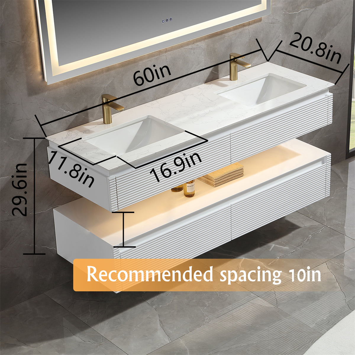 48" Floating Bathroom Vanity Set in White with Lights and White Marble Countertop with Double Basin