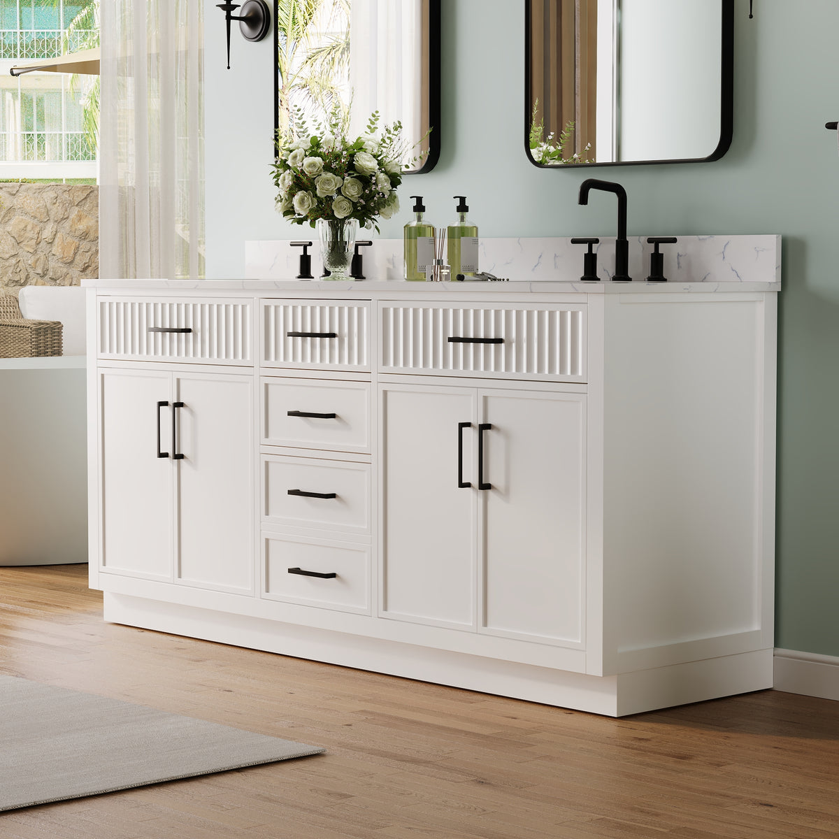 72 Inch Freestanding Solid Wood & Plywood Bathroom Vanity with Soft-Close Drawers, Carrara White Quartz Countertop, White