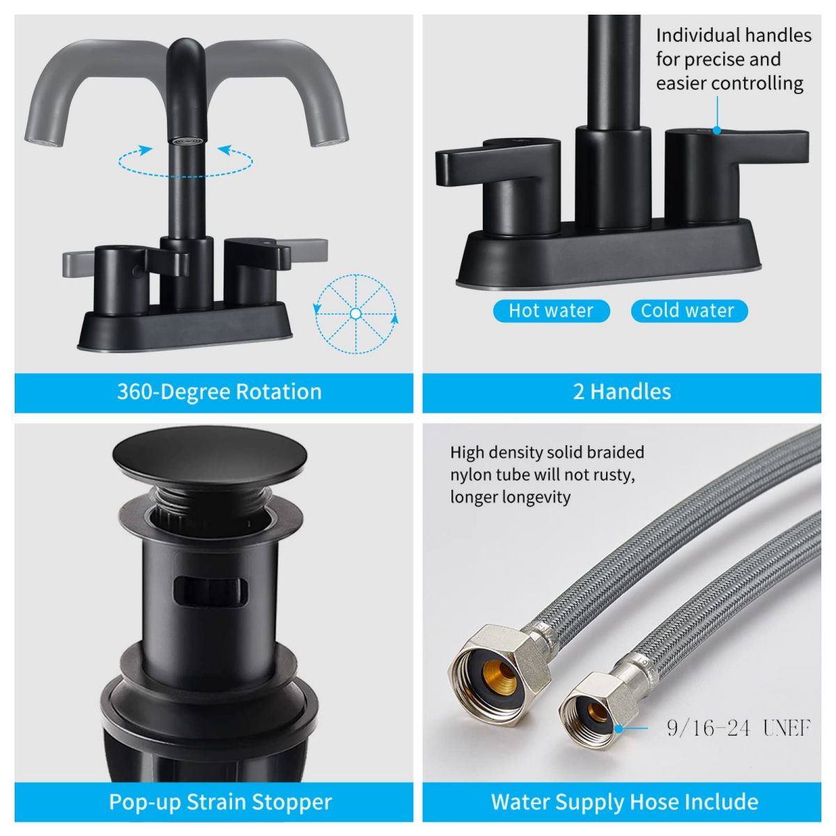 Matte Black 2 Handle 4 Inch Centerset Bathroom Faucet with Pop Up Drain and Supply Lines