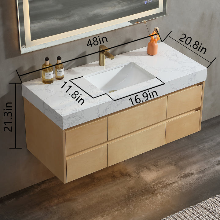 48" Modern Floating Maple Wood Bathroom Vanity Cabinet with LED Light and Stone Slab Countertop