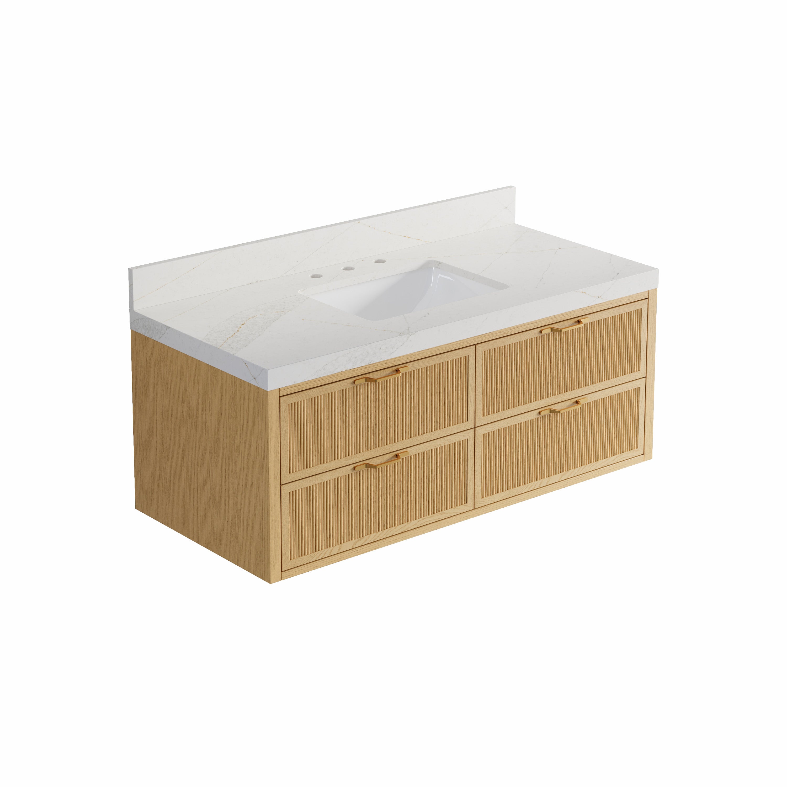 48-Inch Solid Oak Floating Bathroom Vanity with Calacatta Quartz Countertop, 4 Soft-Close Fluted Drawers