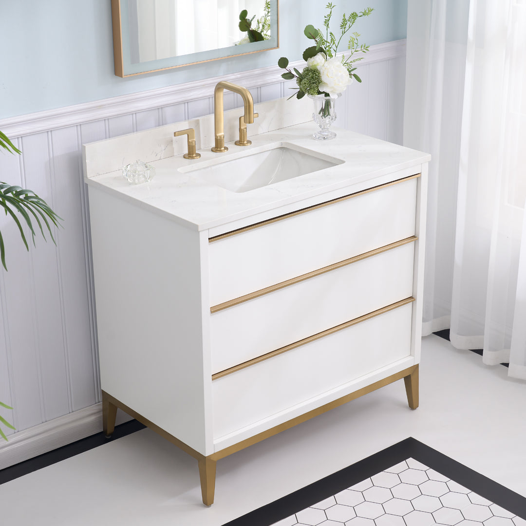36 in. Bathroom Vanity in White with Carrara White Quartz Vanity Top