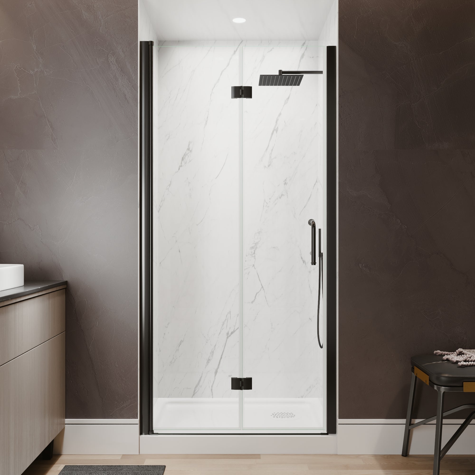 36-38 in. W x 72 in. H Modern Semi-Frameless 1/4 in. Tempered Glass Bifold Pivot Shower Door with Reversible Installation, Matte Black