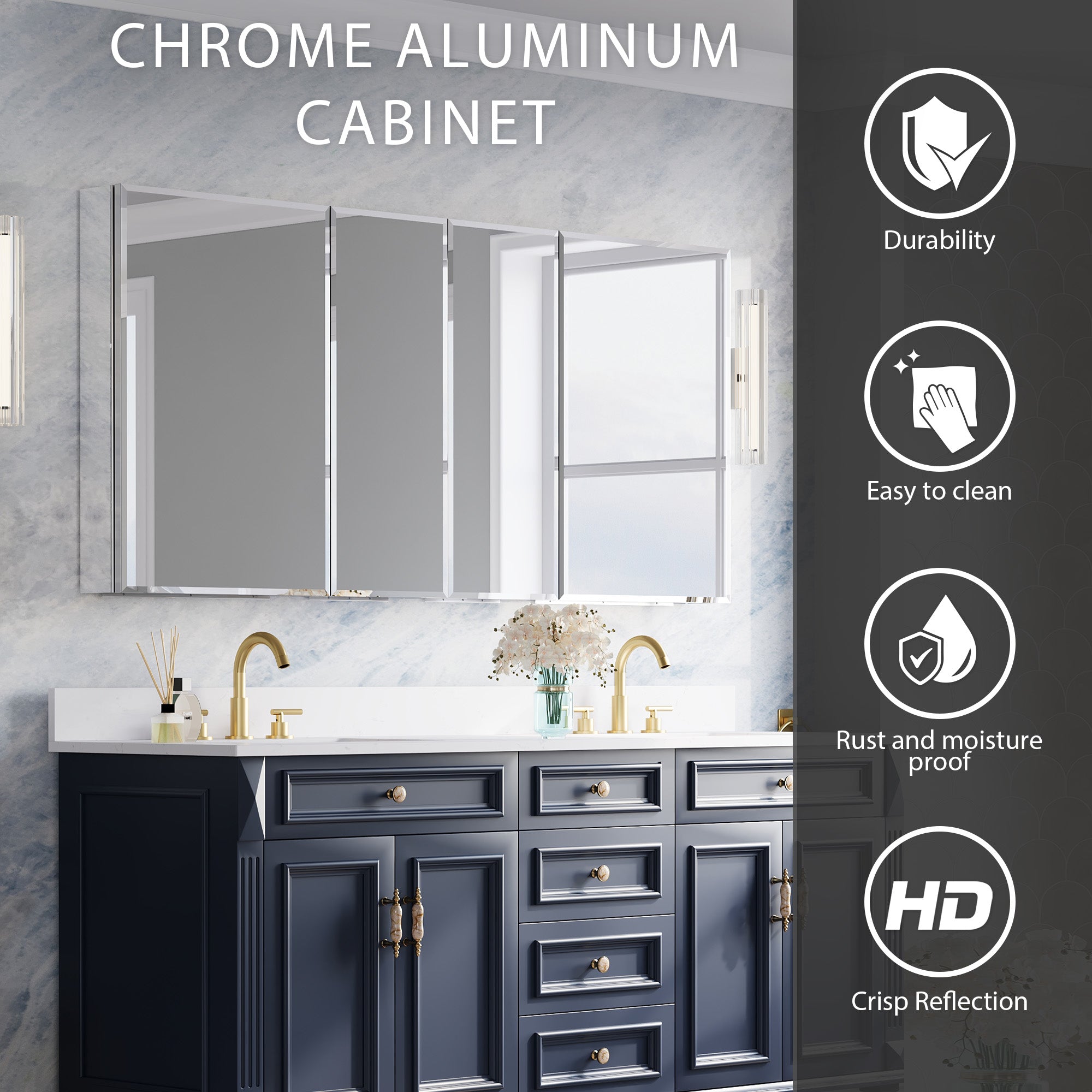 64 in.×30 in.H Copper-Free Mirror Medicine Cabinet with Beveled Mirror Door, Recessed or Surface Mount, Adjustable Shelves