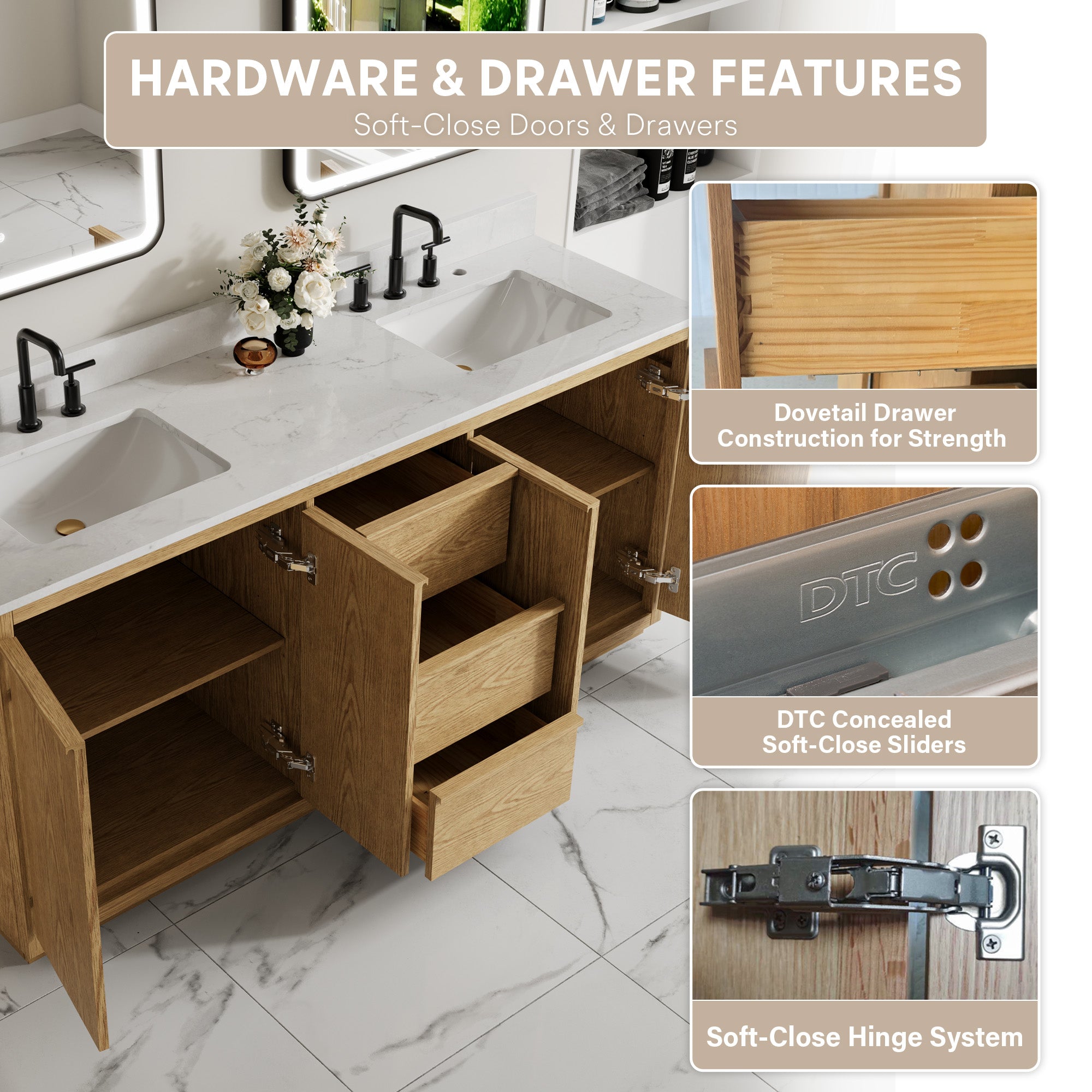 72 Inch Oak Soild Wood Bathroom Vanity with Double Undermount Sinks, 3 Dovetail-constructed Drawers and 4 Soft-close Doors
