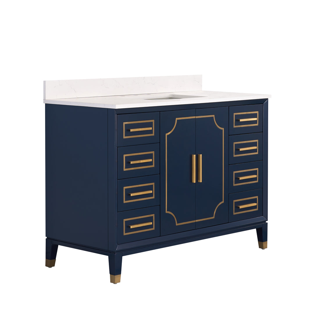 Melody 48 in. W x 22 in. D x 35 in. H Freestanding Bathroom Vanity in Navy Blue with Carrara White Quartz Vanity Top