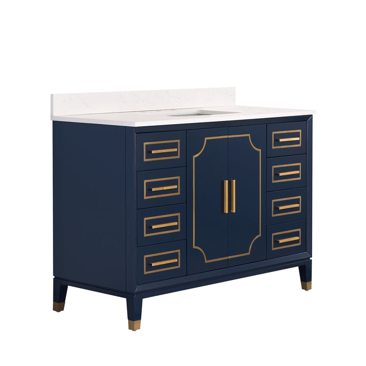 Melody 48 in. W x 22 in. D x 35 in. H Freestanding Bathroom Vanity in Navy Blue with Carrara White Quartz Vanity Top