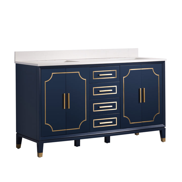 Melody 60 in. W x 22 in. D x 35 in. H Freestanding Bathroom Vanity in Navy Blue with Carrara White Quartz Vanity Top
