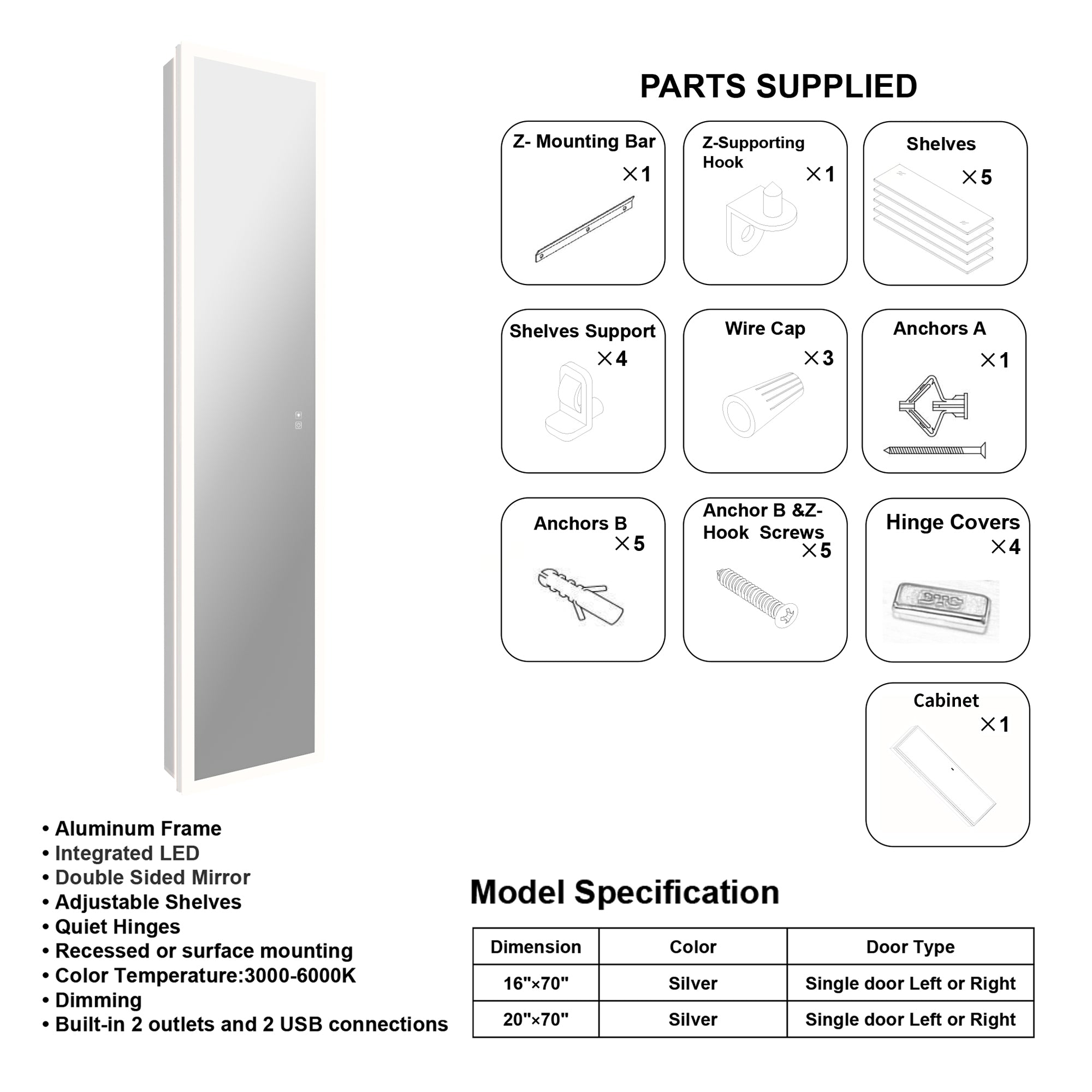 16 in. x 70 in. Recessed/Surface Mount Full Length LED Mirror Cabinet with Front&Backlit and Reversible Door Design