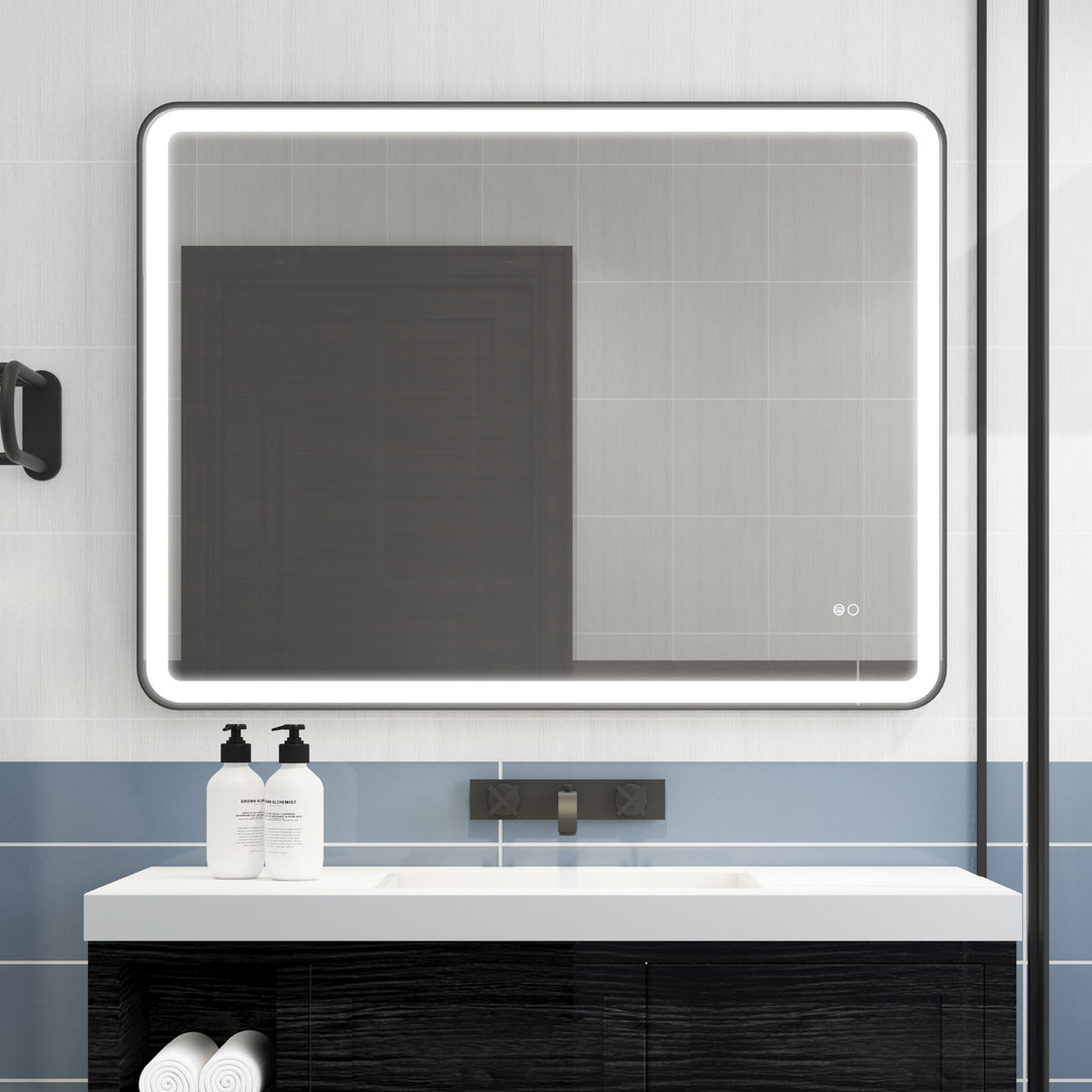 48 in. W x 36 in. H Framed Round Shaped Corners LED Light Bathroom Vanity Mirror in Black