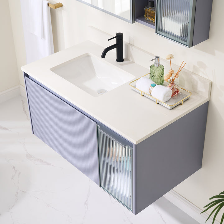 40 in. Modern Style Floating Bathroom Vanity in Lavender with White Quartz Vanity Top with White Sink
