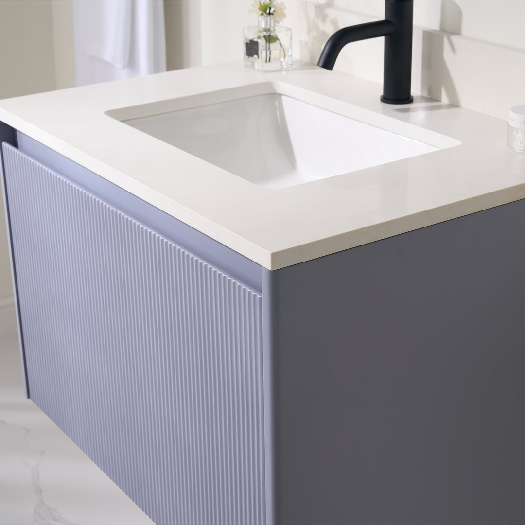 30 in. Modern Style Floating Bathroom Vanity in Lavender with White Carrara Quartz Vanity Top with White Sink