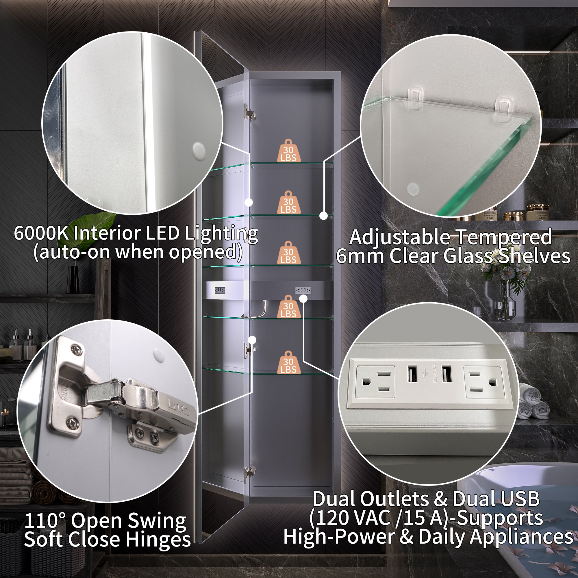 20 in. x 70 in. Recessed/Surface Mount Full Length LED Mirror Cabinet with Front&Backlit and Reversible Door Design