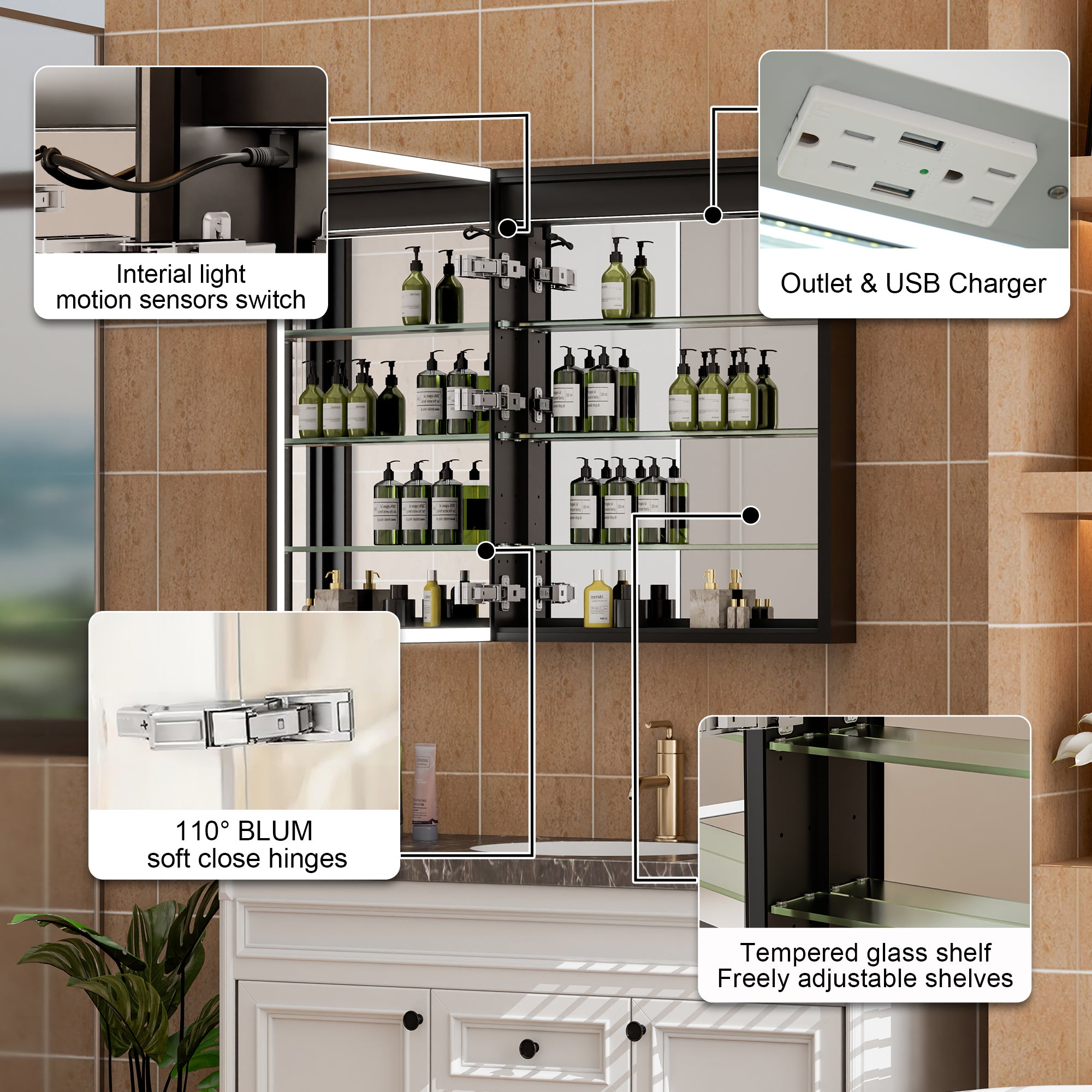 60" Navy Blue Solid Wood Bathroom Vanity & 2-Piece 24" LED Mirror Medicine Cabinet Combo