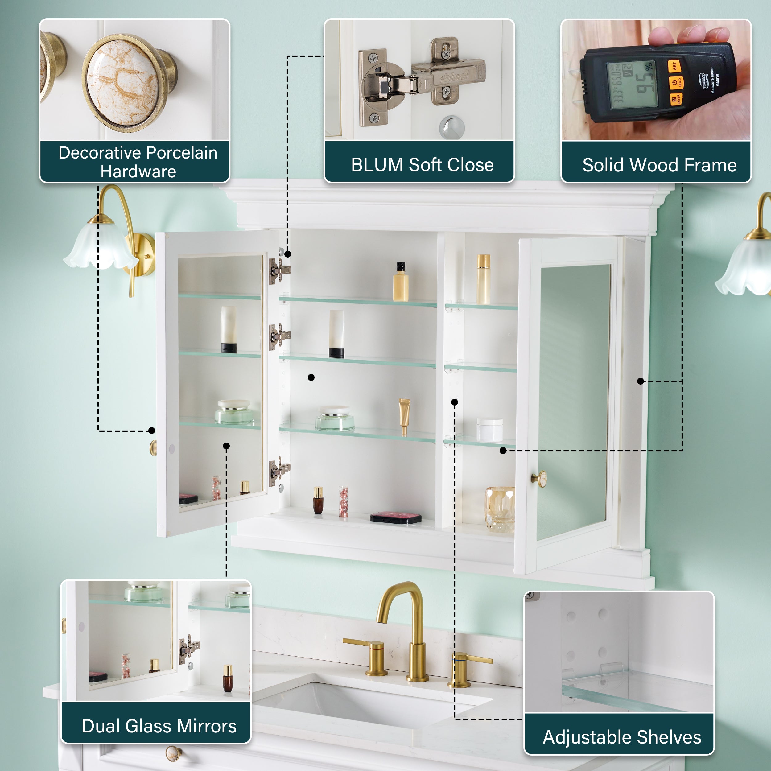 42 in.  W x 32 in.  H White Wood Recessed Bathroom Medicine Cabinet with Mirror