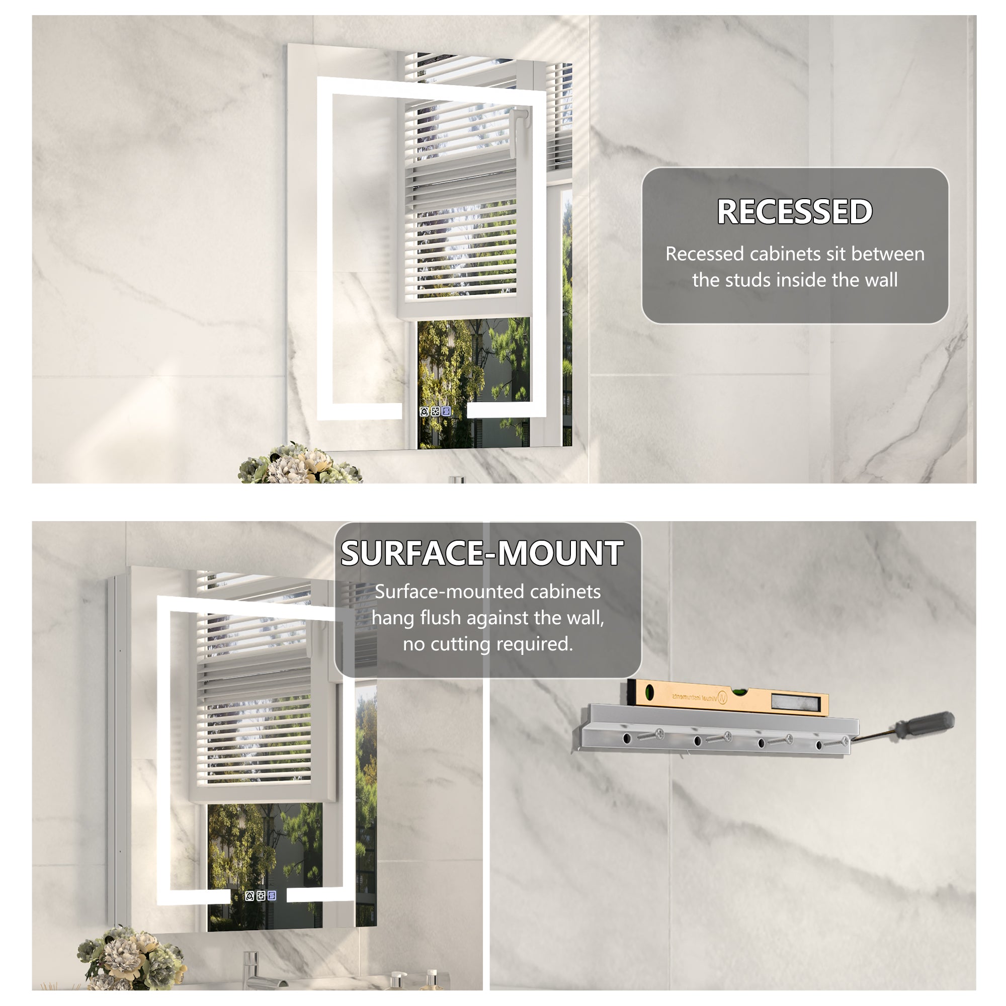 24 in. x 30 in. Recessed/Surface Mount Left Medicine Cabinet with Mirror and LED Light, All-Plastic Cabinet Body