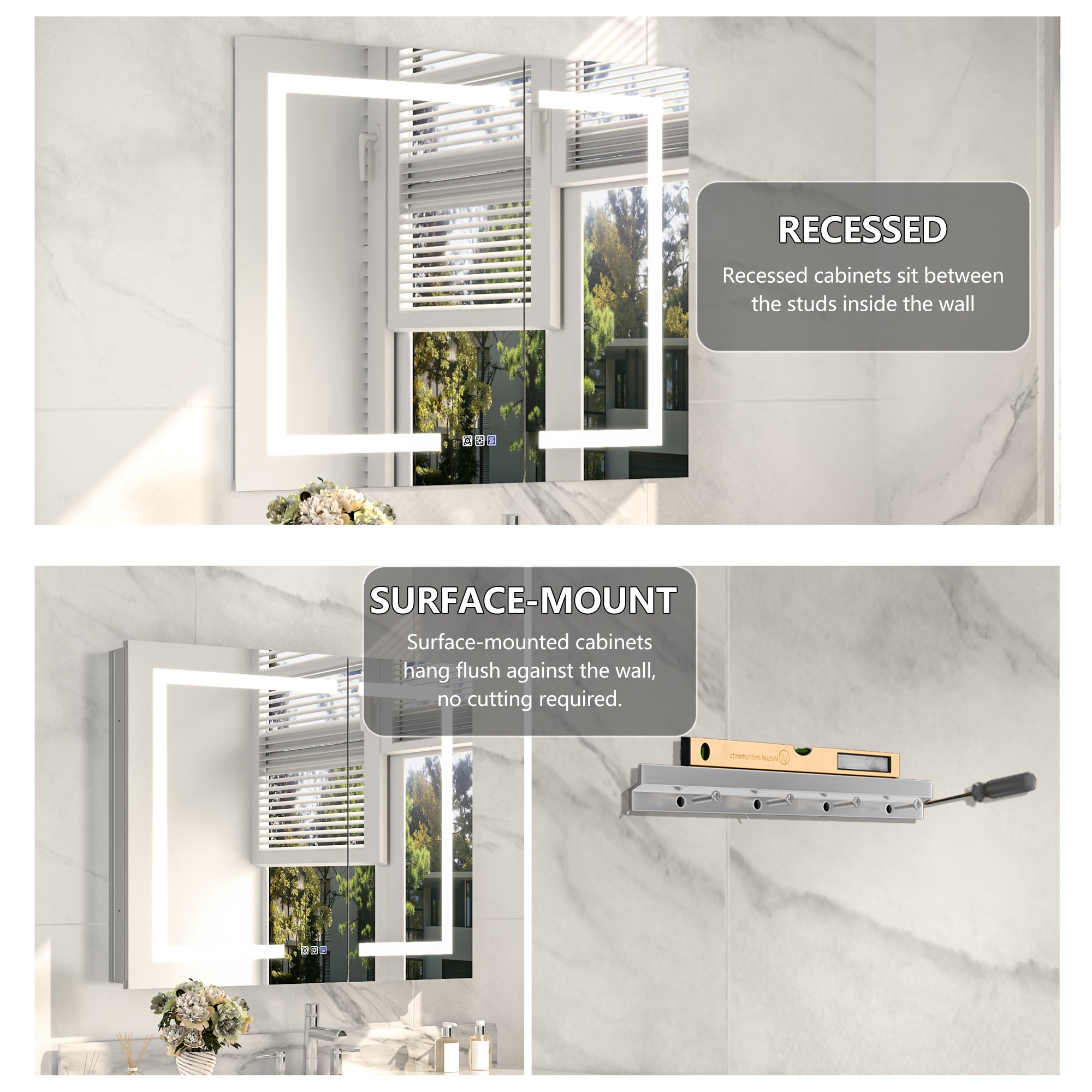 36 in. x 30 in. Recessed/Surface Mount Medicine Cabinet with Mirror and LED Light, All-Plastic Cabinet Body