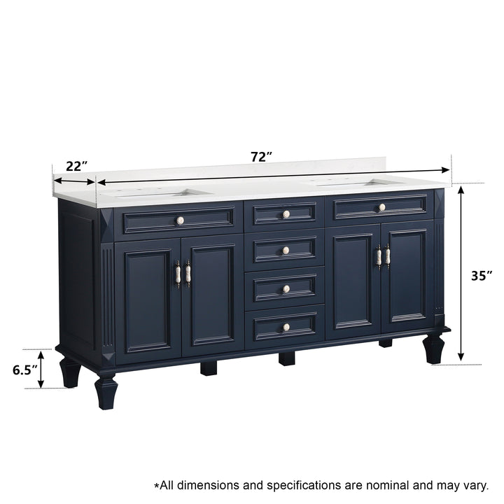 72" Navy Blue Freestanding Solid Wood Bathroom Vanity Storage Organizer with Carrara White Quartz Countertop
