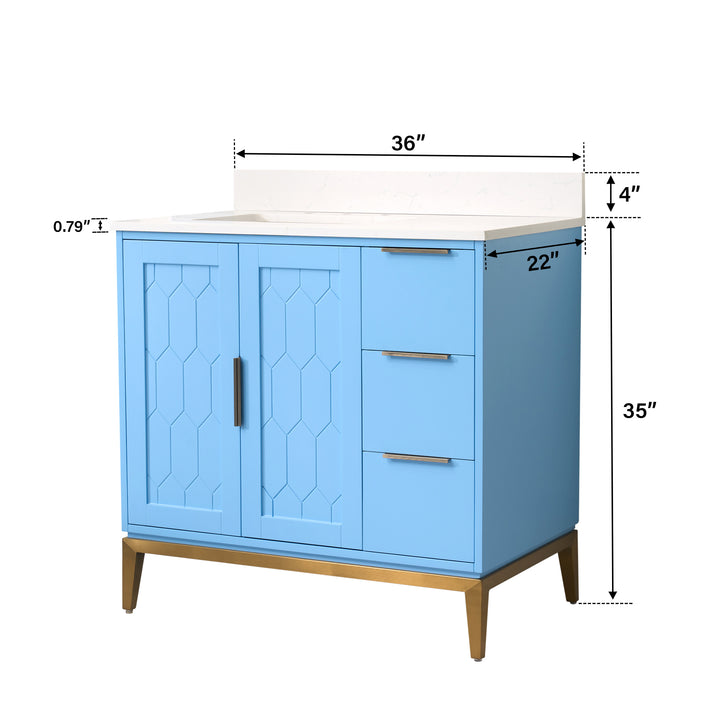 36 in. Bathroom Vanity in Light Blue with Carrara White Quartz Vanity Top with White Sink