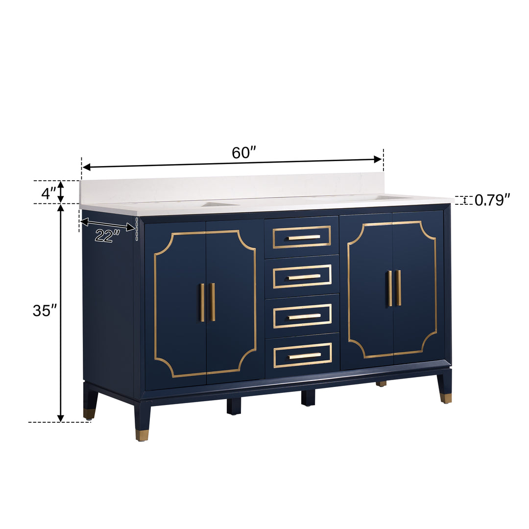 Melody 60 in. W x 22 in. D x 35 in. H Freestanding Bathroom Vanity in Navy Blue with Carrara White Quartz Vanity Top