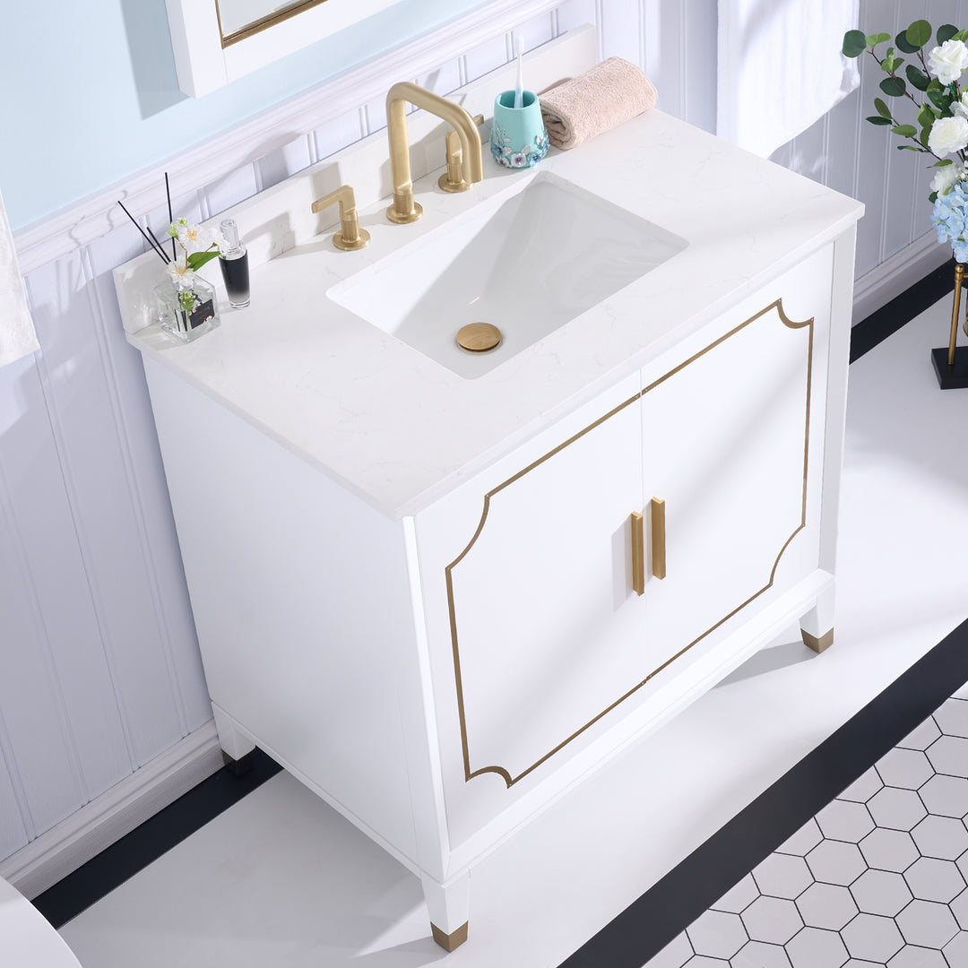 Melody 36 in. W x 22 in. D x 35 in. H Freestanding Bathroom Vanity in White with Carrara White Quartz Vanity Top