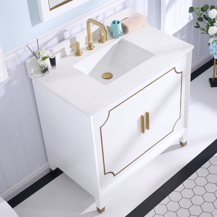 Melody 36 in. W x 22 in. D x 35 in. H Freestanding Bathroom Vanity in White with Carrara White Quartz Vanity Top