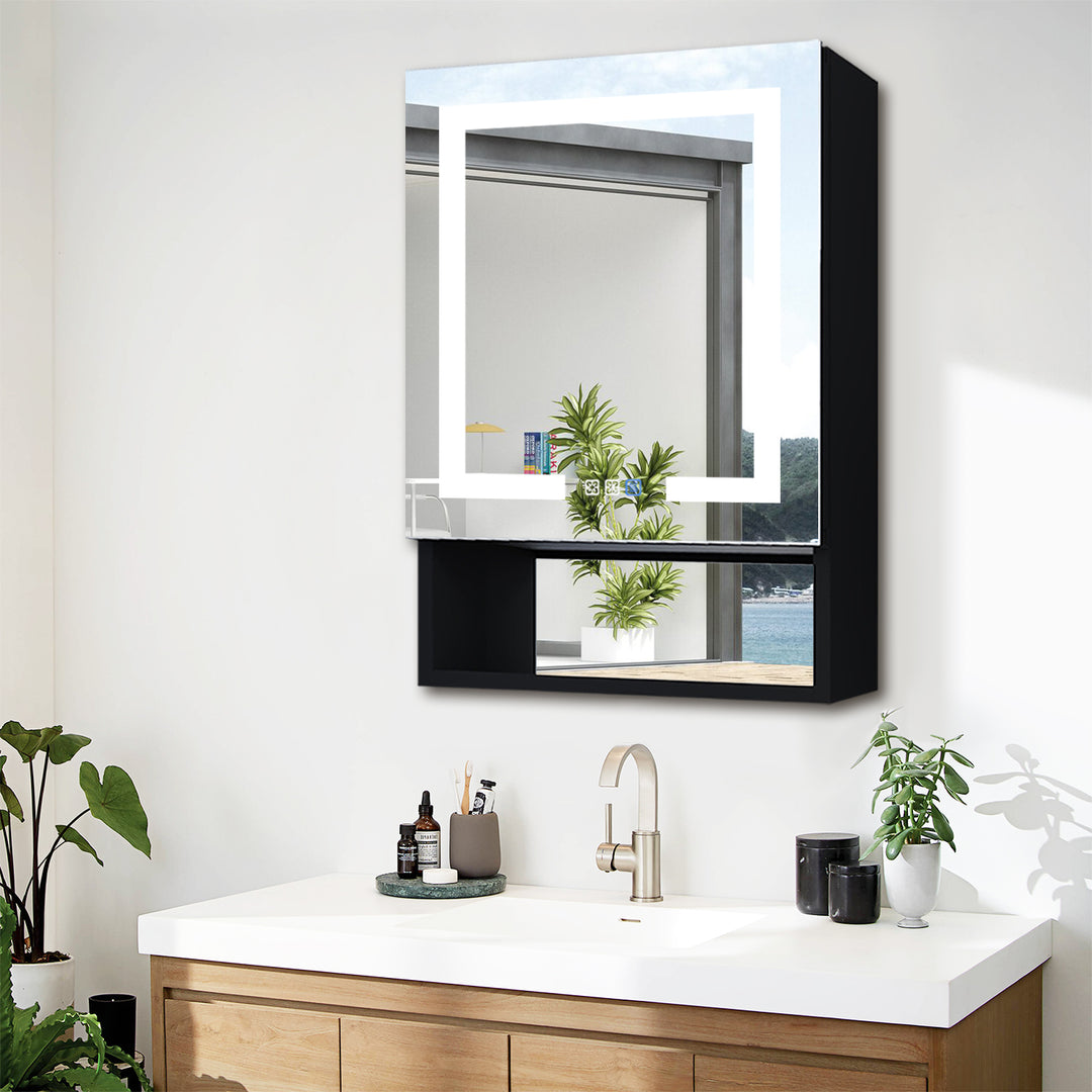 24" W x 32" H Lighted Black Bathroom Medicine Cabinet with Double Sided Mirror And Lights，Outlet Right Side