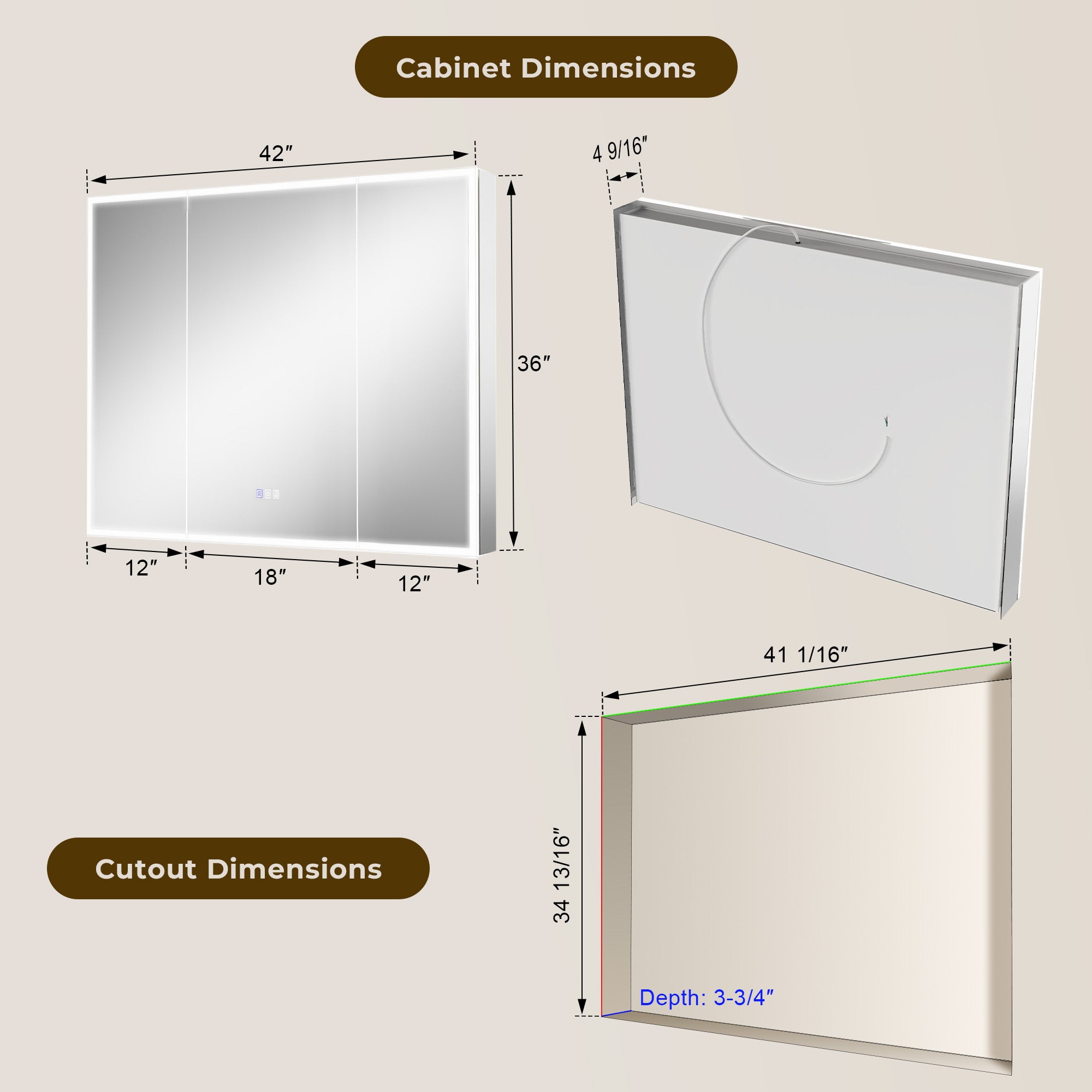 42 in. x 36 in. Recessed/Surface Mount LED Medicine Cabinet with 3X Magnifier Glass Mirror, Anti-Fog