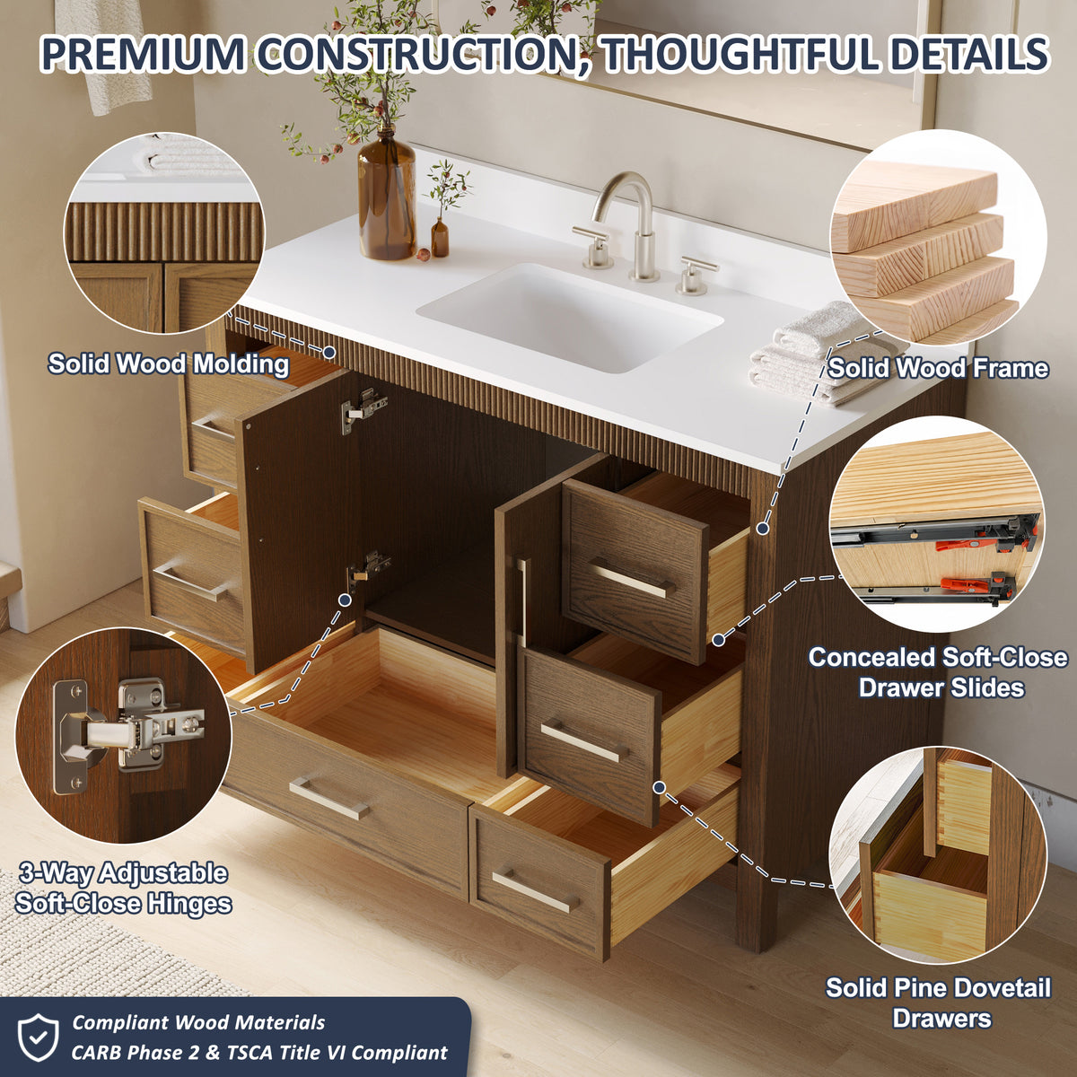 48 Inch Freestanding Solid Wood Bathroom Vanity with Fluted Molding, Pure White Quartz Countertop, Walnut
