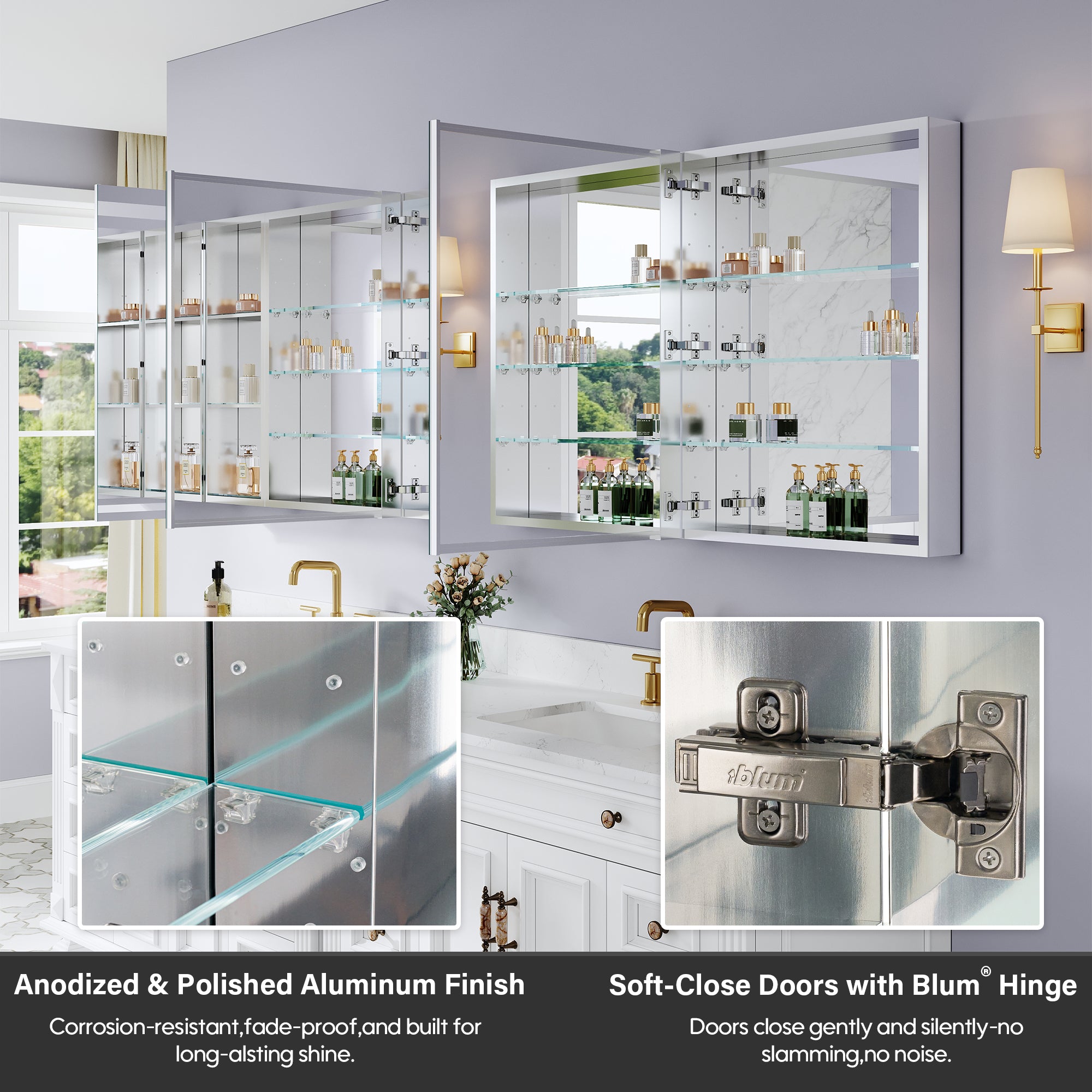 96 in. ×30 in. Aluminum Bathroom Medicine Cabinet and Open Shelf Set, Recessed or Surface Mount