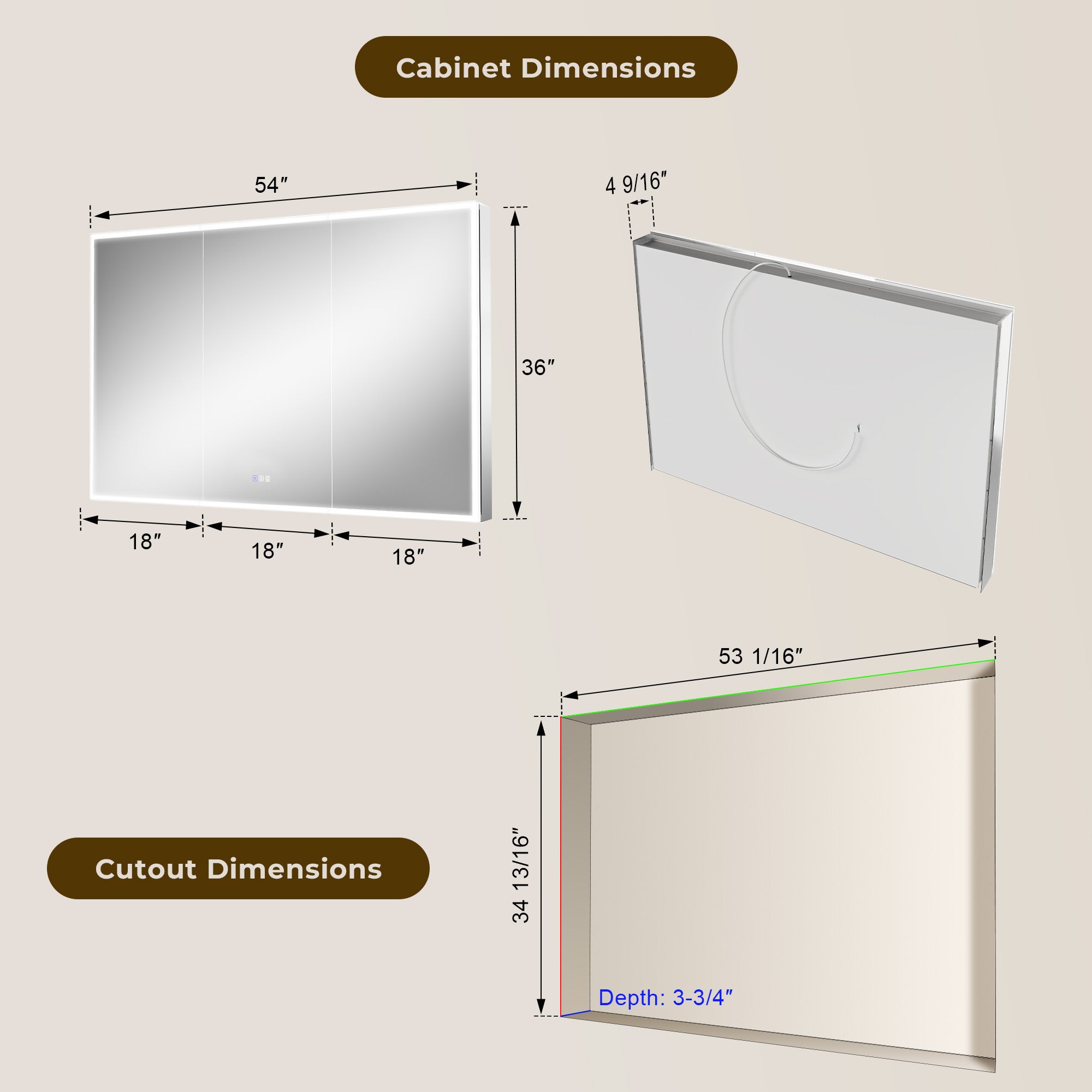 54 in. x 36 in. Recessed/Surface Mount LED Medicine Cabinet with 3X Magnifier Glass Mirror, Anti-Fog