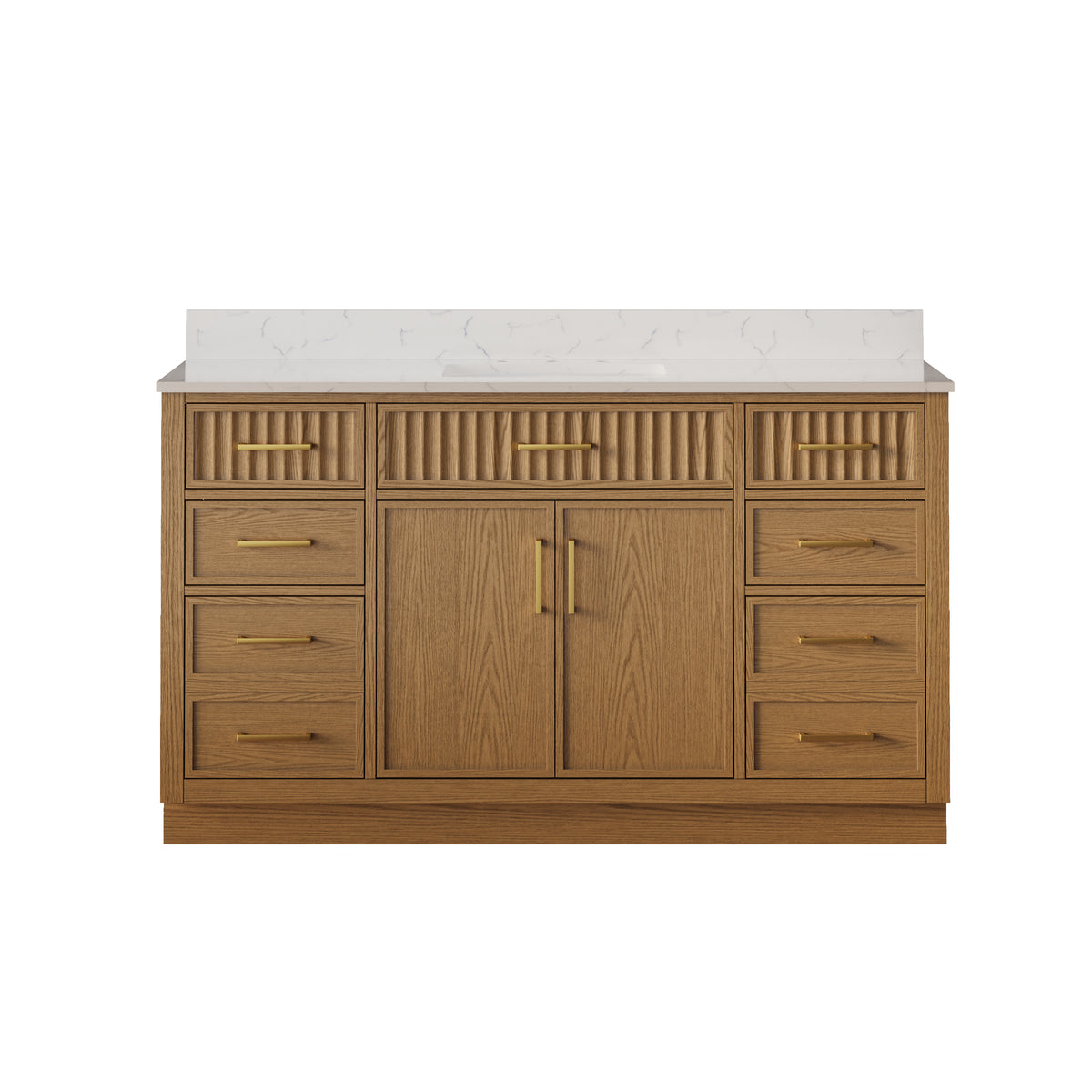 60 Inch Solid Wood and Plywood Bathroom Vanity with Carrara White Quartz Top, 2 Soft-Close Doors & 7 Drawers, Walnut