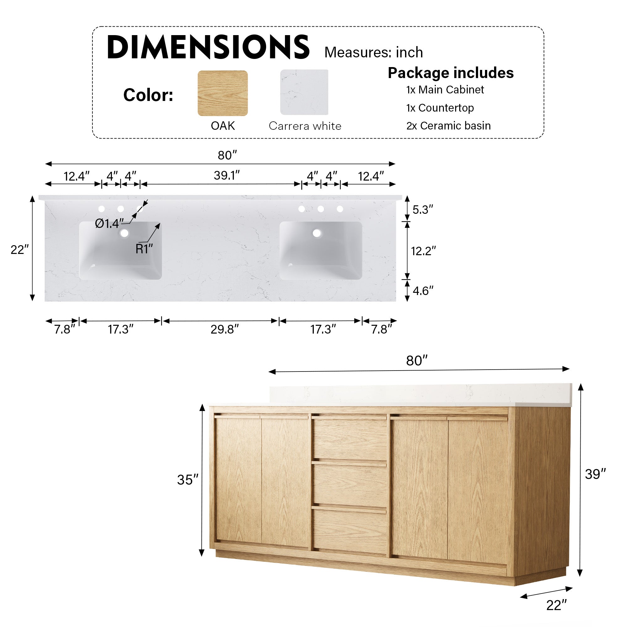 80 Inch Oak Soild Wood Bathroom Vanity with Double Undermount Sinks, 3 Dovetail-constructed Drawers and 4 Soft-close Doors